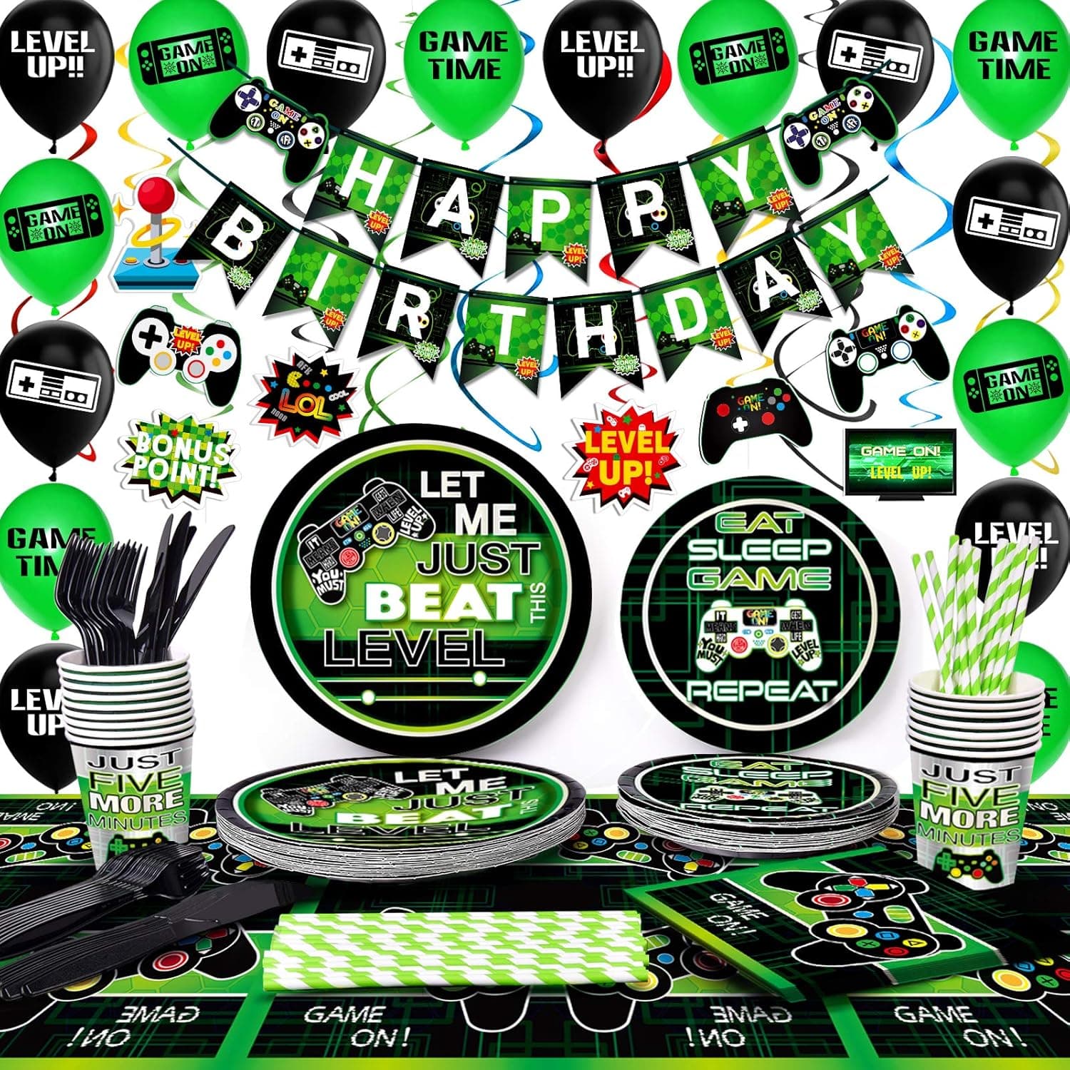 TMCCE Video Game Party Supplies Gaming Party Decoration For Boys Paper Plates,Cups,Napkins, Straws,Hanging Swirls,Balloons And Happy Birthday Banner For Boy Gamer Birthday Party Decoration 178 PCS