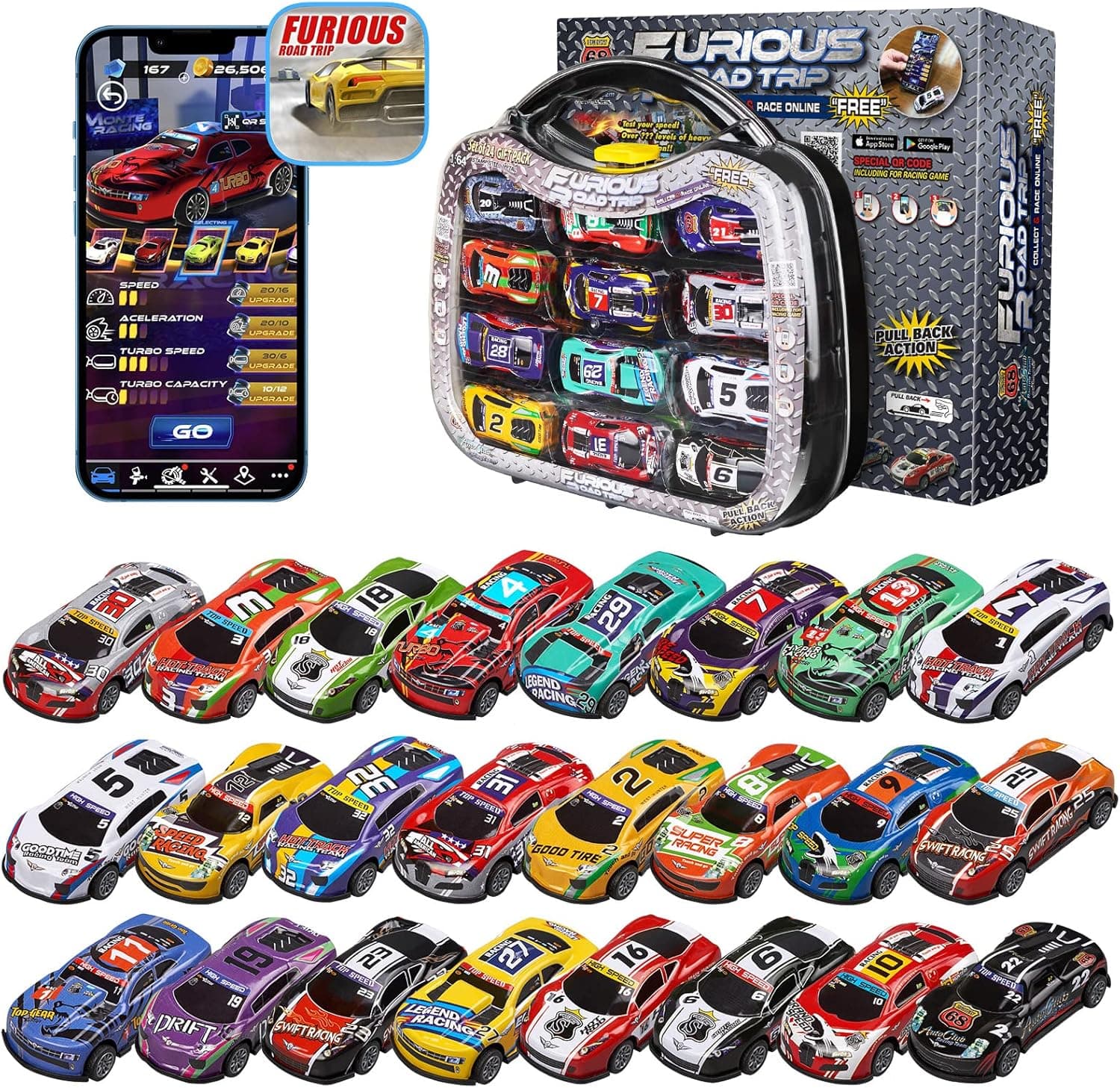 Golden Wheel 24 Race Cars Pack - 1:64 Vehicles Die-cast Metal Mini Pull Back Cars Set with Storage Case & Free Online Games - 2023 Hot Toy Birthday Party Gift for Kids Ages 3+ Years Old