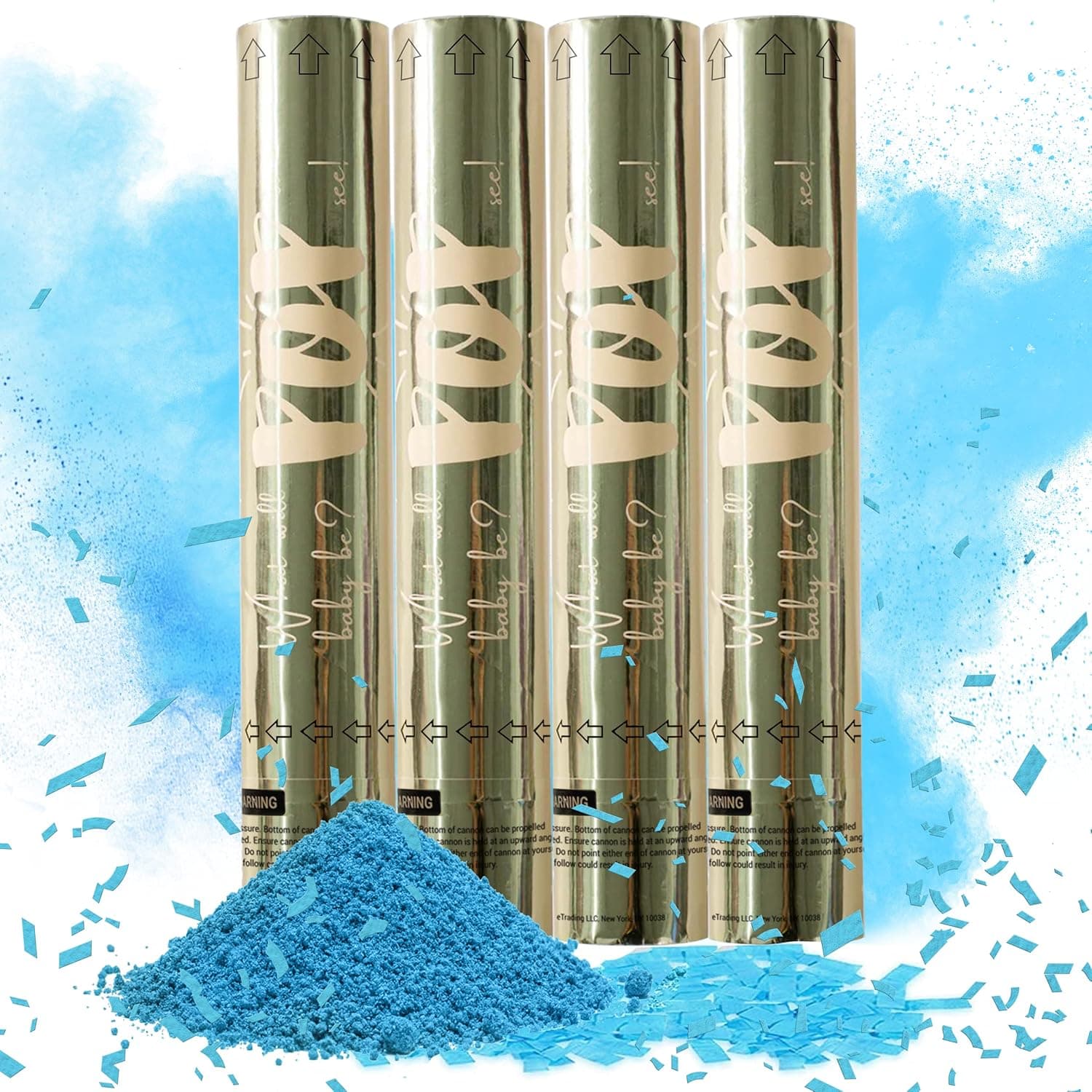 Revealations Gender Reveal Confetti Powder Cannon - Set of 4 Blue Gender Reveal Party Supplies Confetti Poppers - 100% Biodegradable Tissue Safe Powder Smoke Cannons