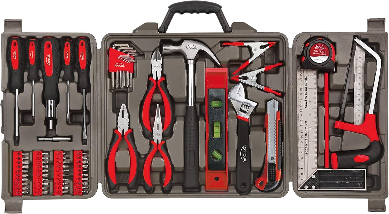 Apollo Tools DT0204 71 Piece Household Tool Kit with Most Reached for Hand Tools in Storage Case, Red