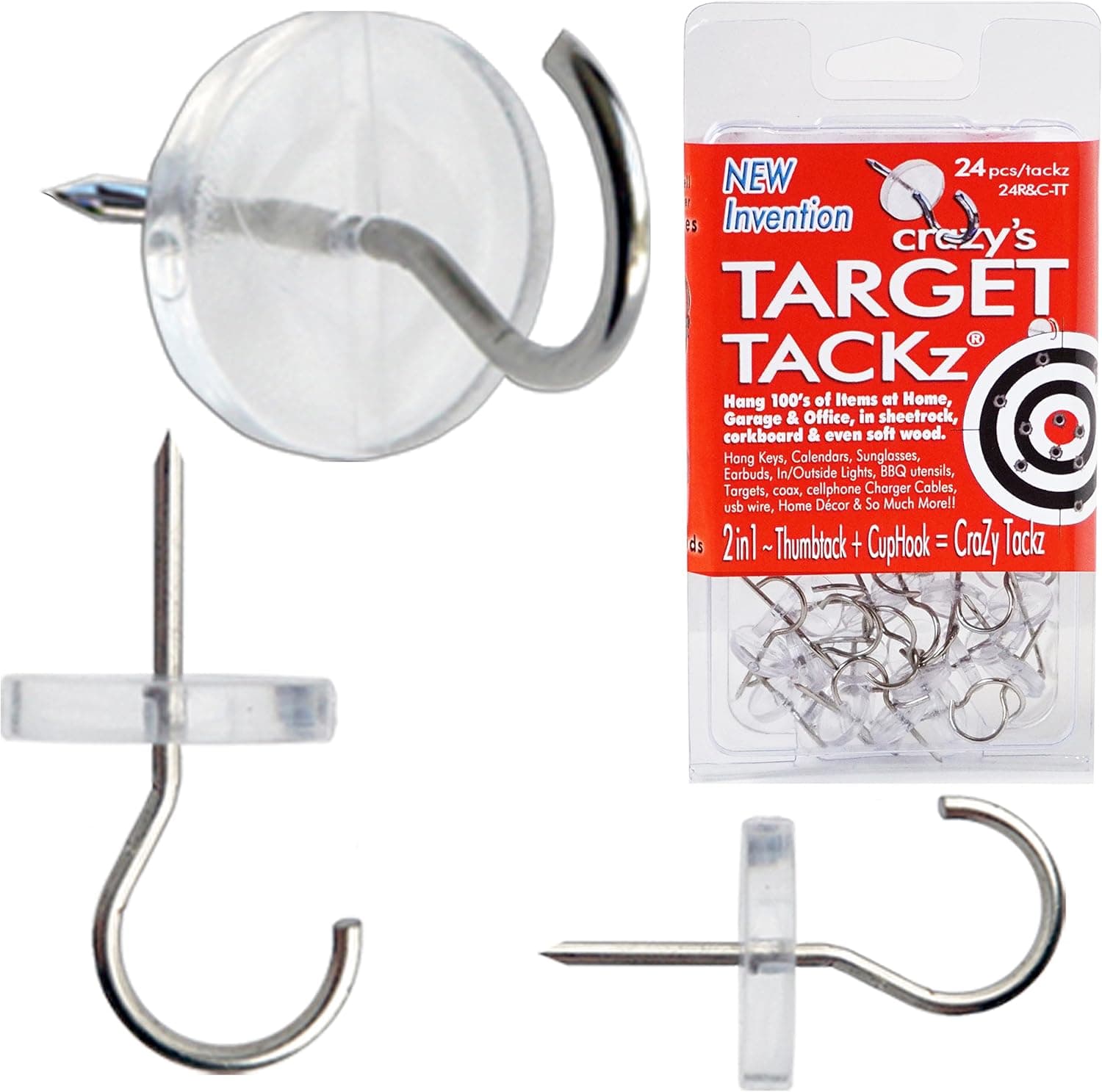 36 Target Tacks - Hang Shooting Targets Outdoor or Inside Range for Paper Silhouettes for Rifle, Pistol, BB or Pellet at Home or Garage! 2 in 1: Push pin + Thumb tack + Cup Hook. (36pc TargetTackz)