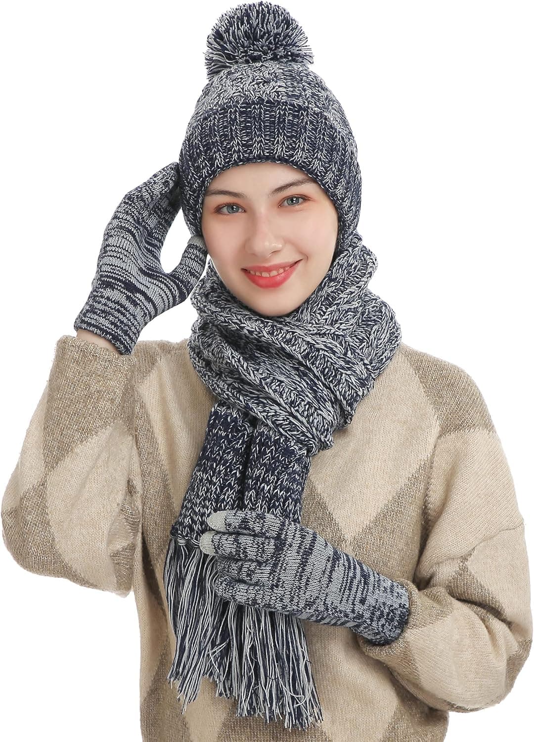 ROYAL MATRIX Women’s 3pcs Winter Beanie Hat Scarf Gloves Set, Warm Soft Fleece Lined Knit Hat Scarf Touchscreen Gloves