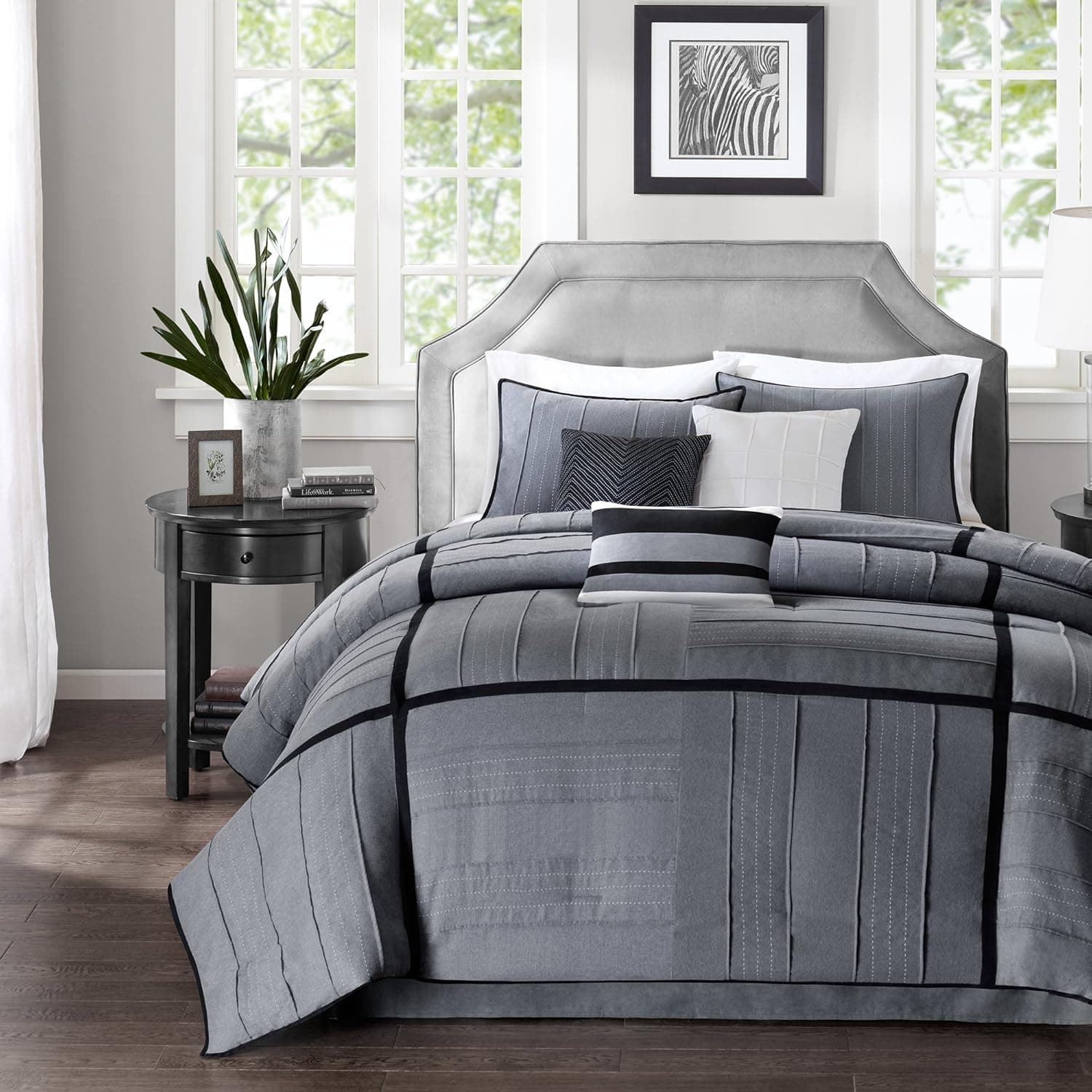 Madison Park Cozy Comforter Set Casual Blocks Design - All Season Bedding, Matching Bed Skirt, Decorative Pillows, Bridgeport Herringbone, Black Dark Grey King(104"x92") 7 Piece