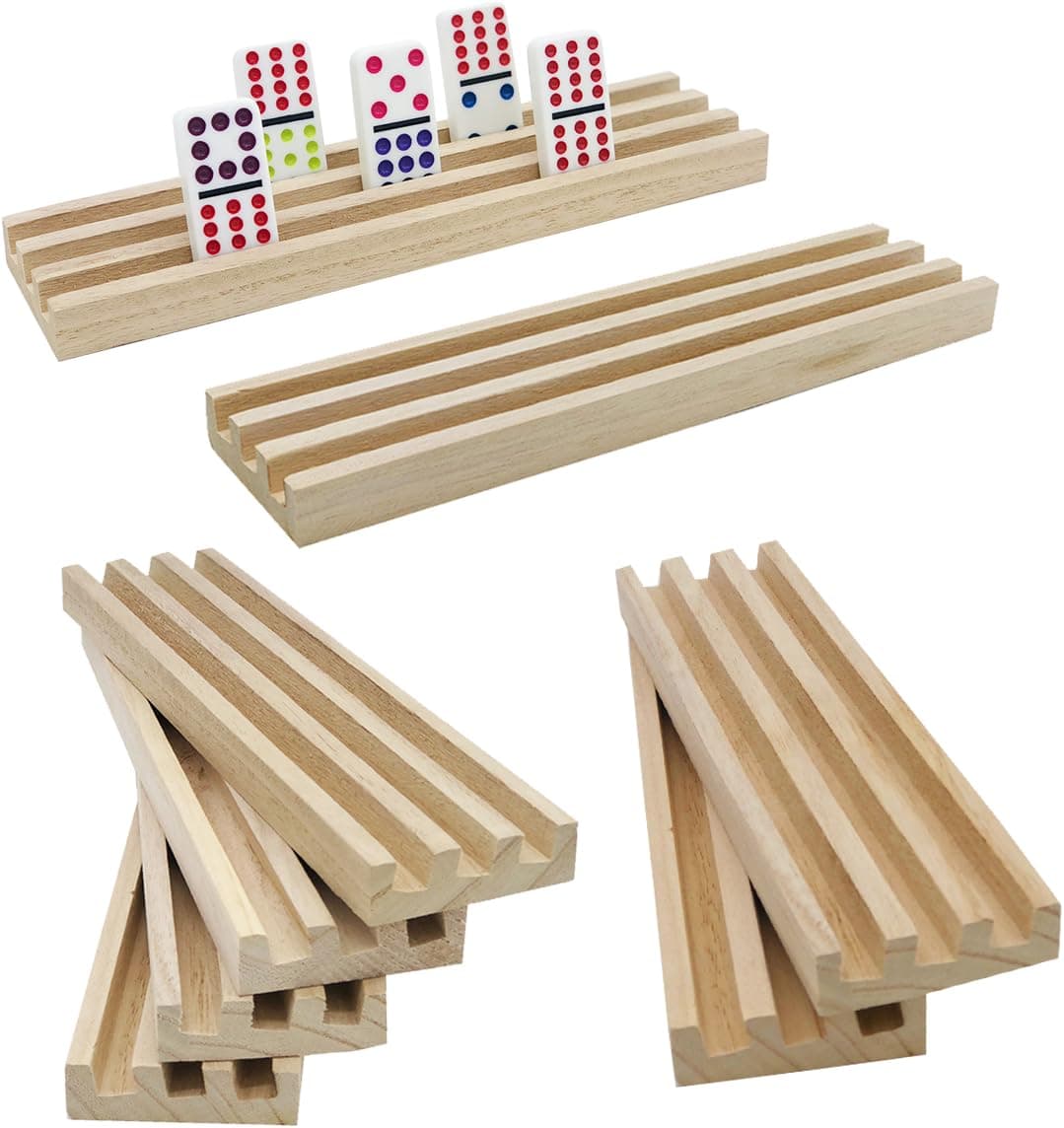 ESSAJOY Wooden Domino Trays/Racks Set of 8 Domino Tiles Holders Mexican Train Wooden Trays/Racks Wood Organizers for Chicken Foot (Domino Racks Set of 4)
