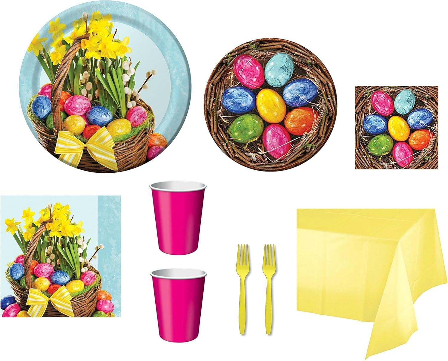Easter Spring Beautiful Baskets Party Bundle for 16 Guests - Includes Plates, Napkins, Tablecover, Forks and Cups