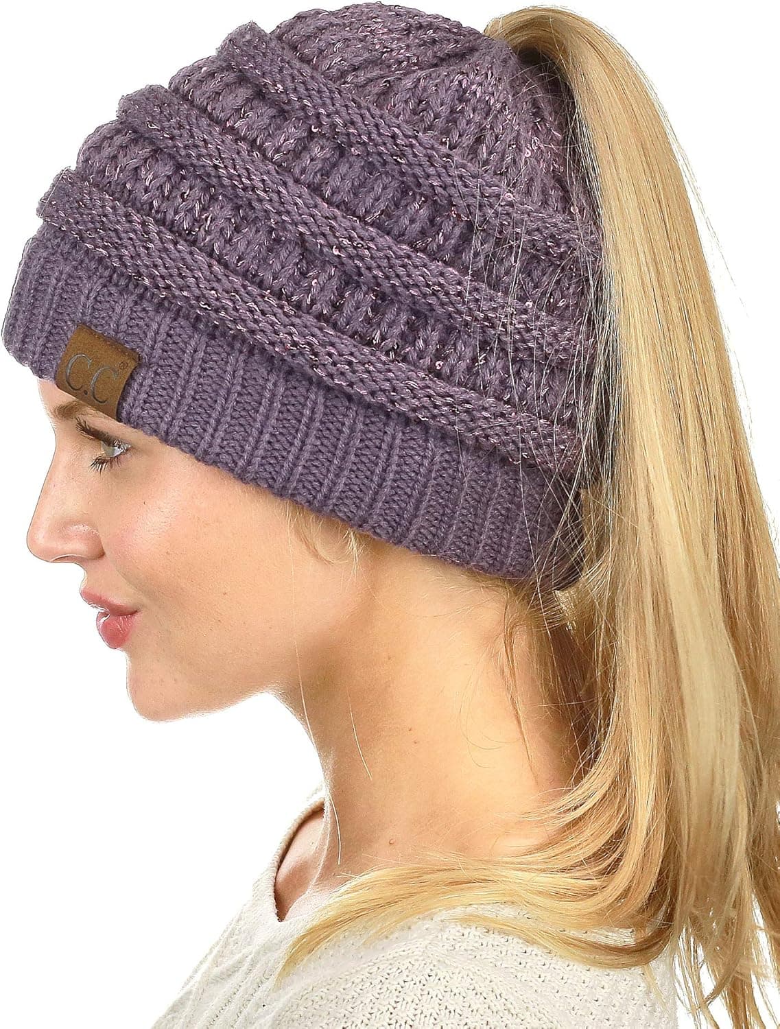 C.C BeanieTail Sparkly Sequin Cable Knit Messy High Bun Ponytail Beanie Hat