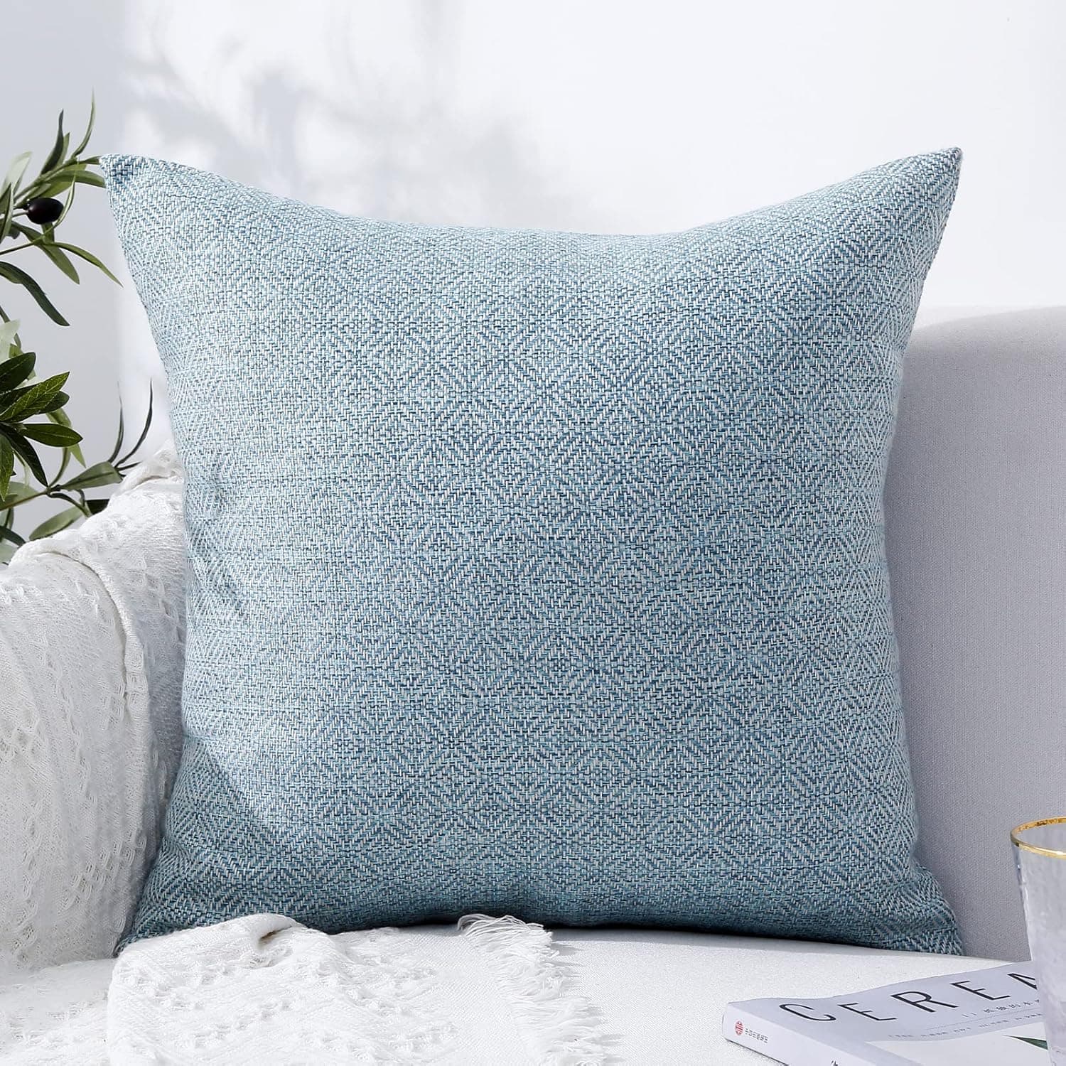 Jepeak Burlap Linen Throw Pillow Cover Rhombus Textured Cushion Case, Farmhouse Decorative Square Pillow Cover for Sofa Couch Bed (Light Cyan/Grey, 16 x 16 Inches)