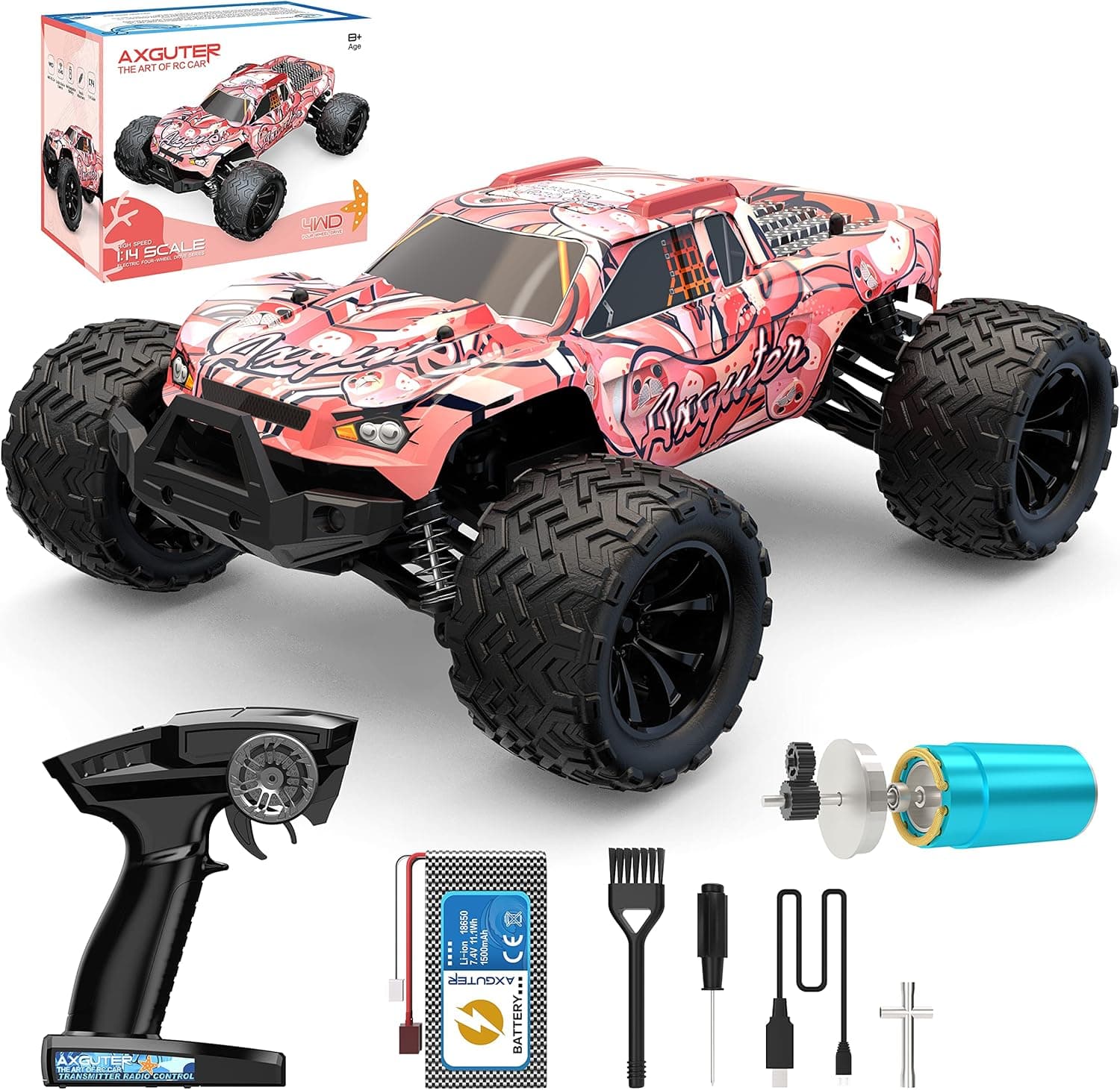 Axguter 1:14 Brushless RC Cars, High Speed 4x4 Remote Control Truck 60 km/h 4WD All Terrain Off Road, Hobby Grade RC Truck for Adult, Girls and Boys (Pink)