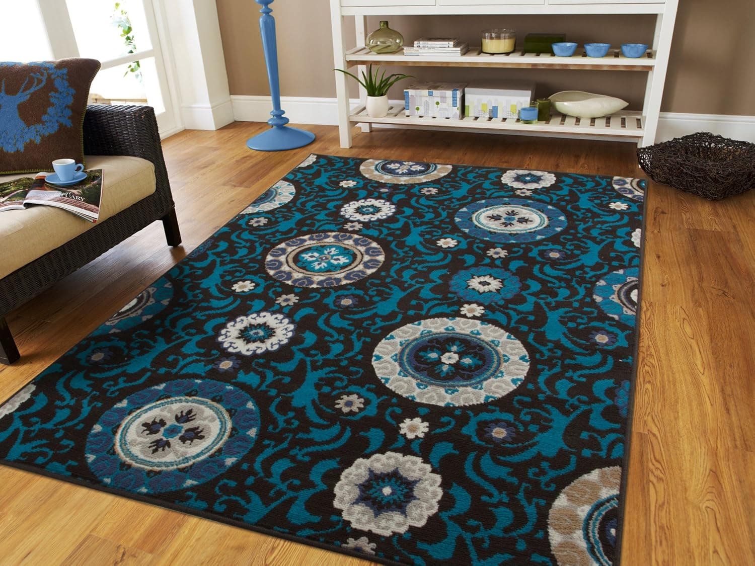 Luxury Contemporary Modern Floral Flowers 5x7 Area Rug, 5' 3" x 7' 6", Black Blue Gray Beige Ivory 5x8 Rugs for Living Room