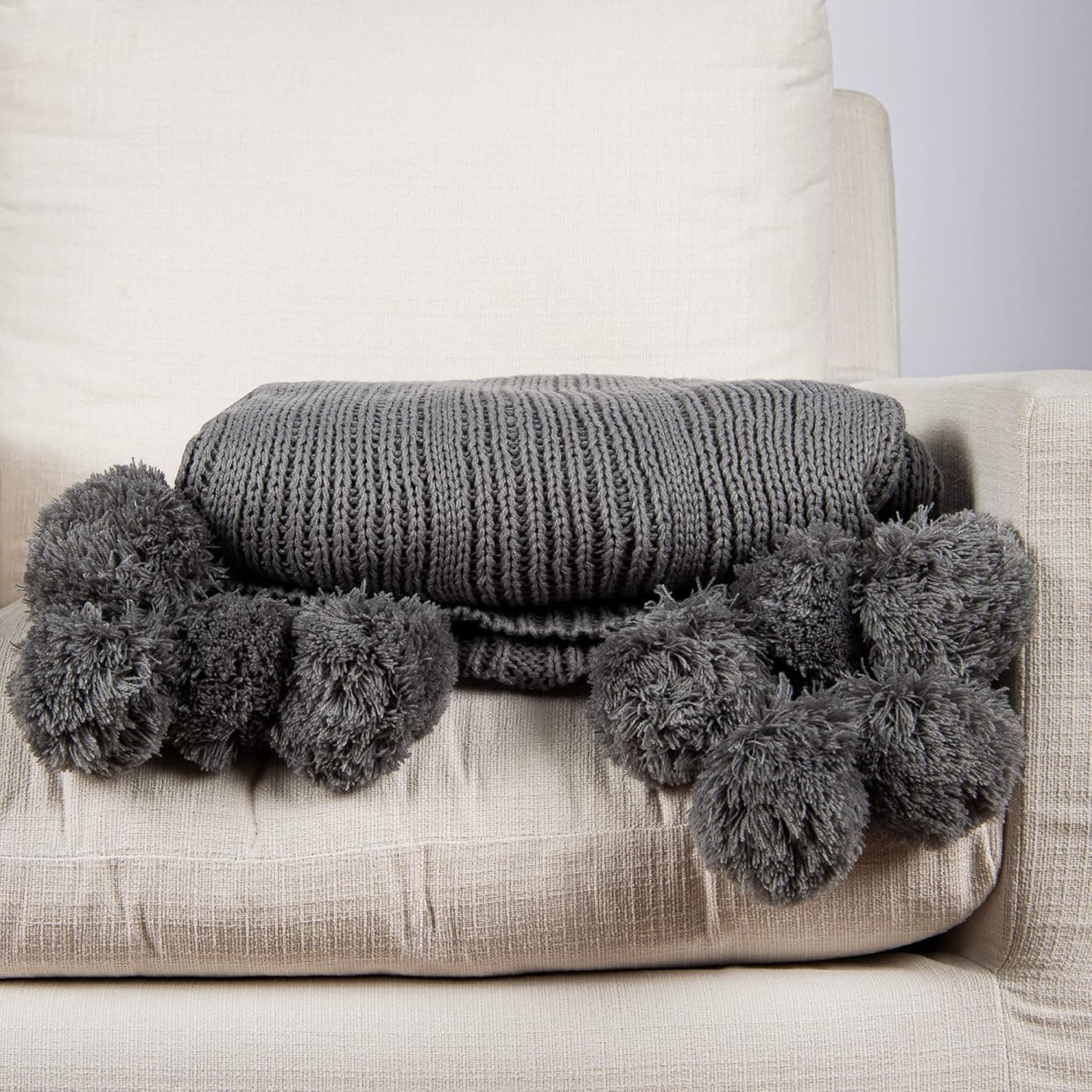 Best Home Fashion Knitted Pom Throw - Grey - 50" W x 60" L - (1 Throw)