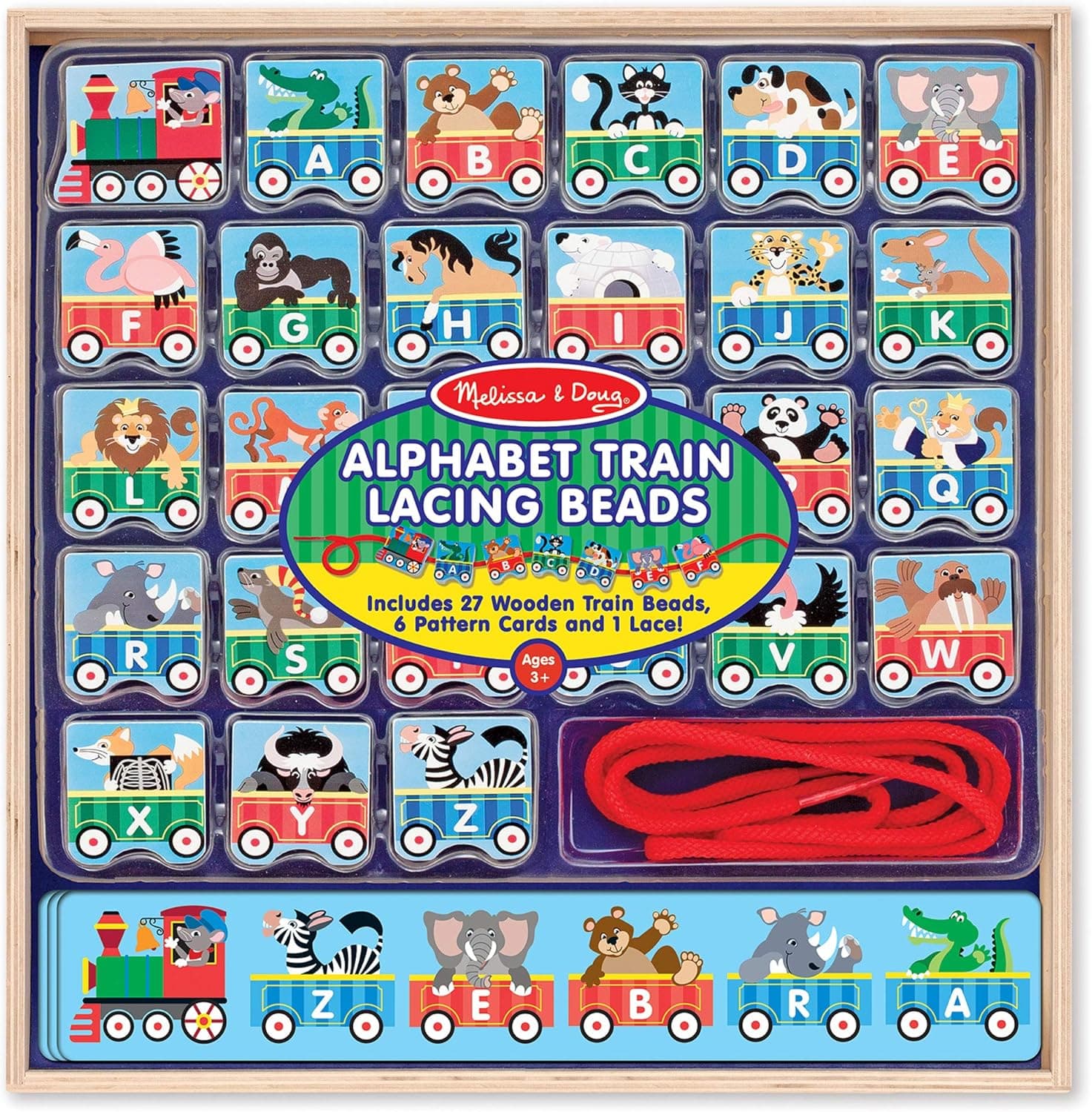 Melissa & Doug Alphabet Train Lacing Beads - 27 Wooden Train Beads, 6 Pattern Cards, and 1 Lace