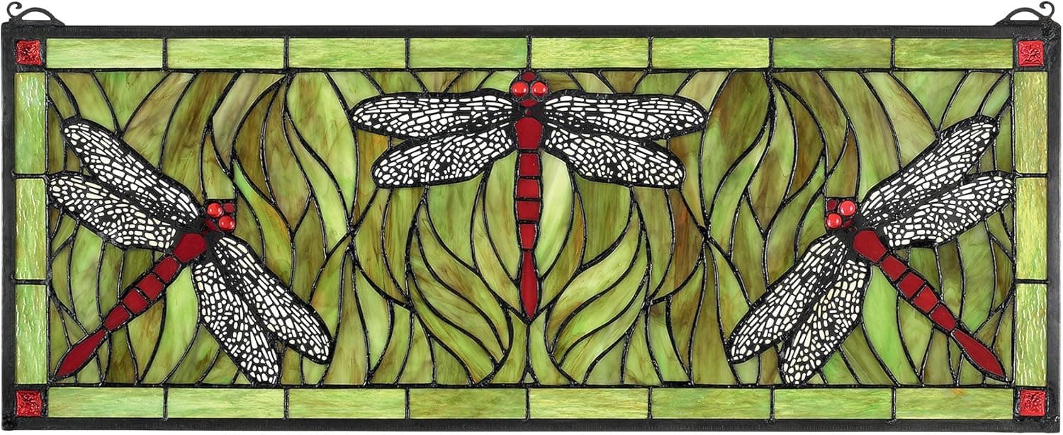 Design Toscano TF10021 Emerald Green Dragonfly Tiffany-Style Stained Glass Window, full color