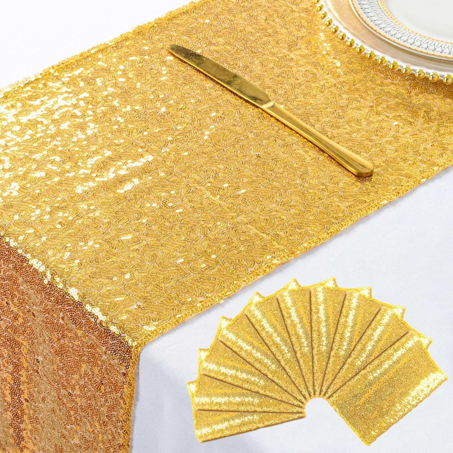 Gold Table Runners Pack of 10 Shiny Gold Table Cover 12x72-Inch Sequin Table Runner Glitter Table Runner for Parties Sparkly Table Cover Table Linens for Weddings