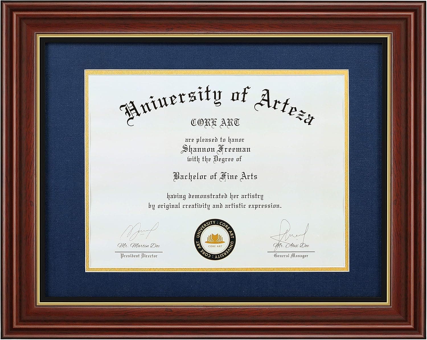 CORE ART 11x14 Diploma Frame Display Certificates 8.5 x 11 with Navy Mat or Documents 11 x 14 without Mat, College Degree Wooden Frame with Tempered Glass for Wall and Tabletop Display(Chocolate Brown)