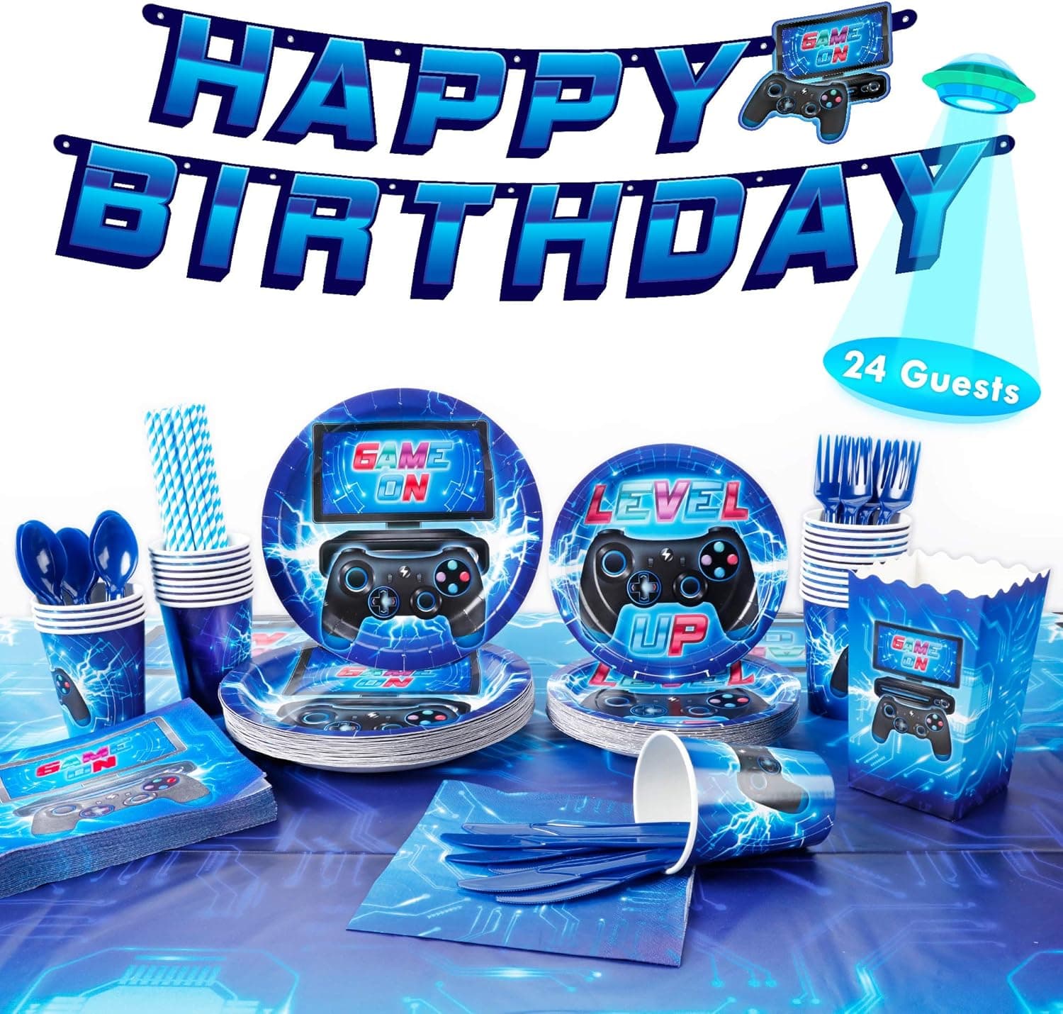 DECORLIFE Game on Party Supplies Serves 24, Blue Video Game Party Supplies Includes Tablecloth, Popcorn Boxes, Birthday Plates for Boys Gamer Party Decorations, Total 200PCS