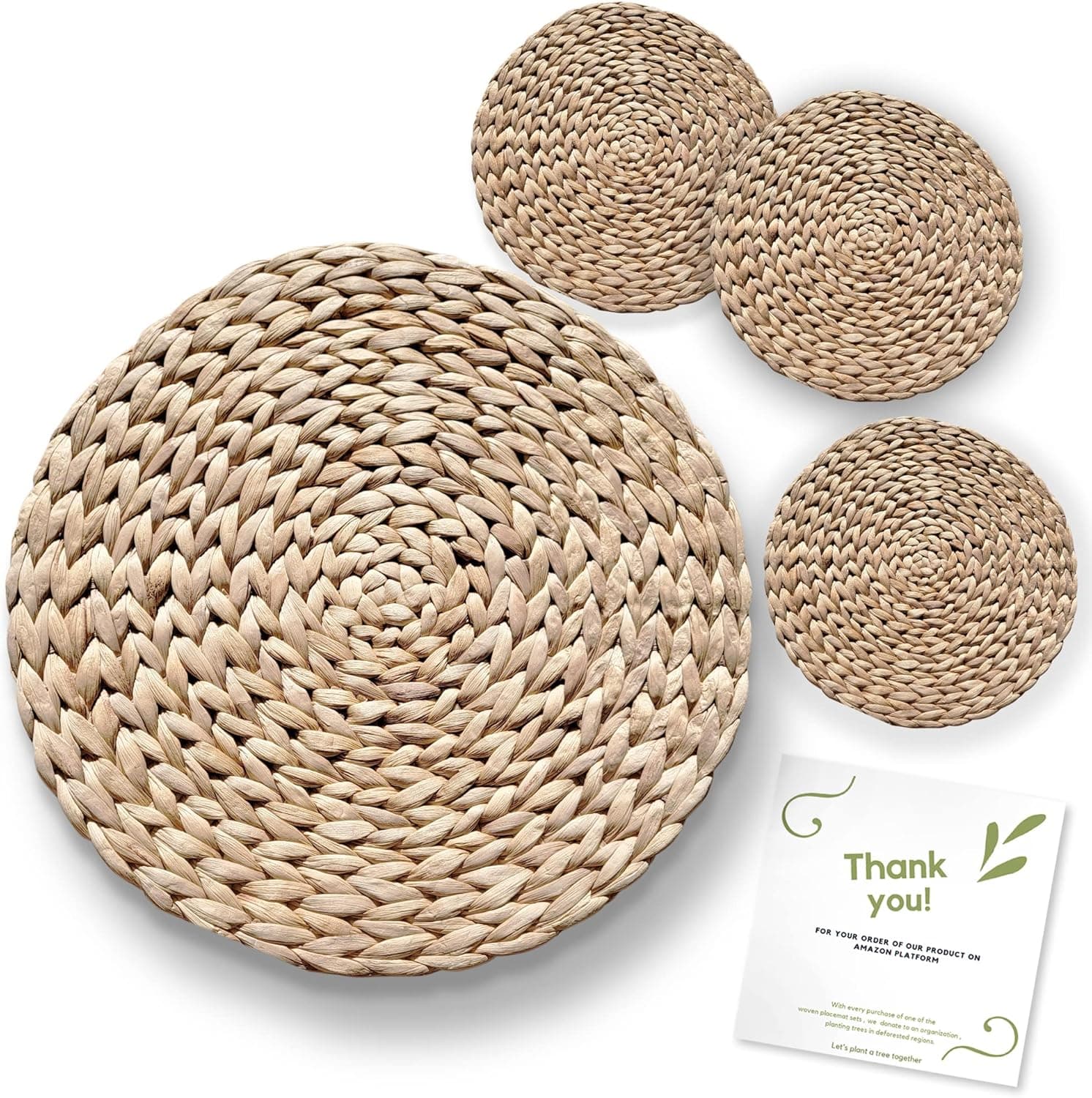 Round Woven Placemats Set of 4, 14.56-inch Natural Boho Place Mats, Large Braided Seagrass Table Mats, Rustic Water Hyacinth Straw Tablemats, Non-Slip Wicker Chargers for Dining Table