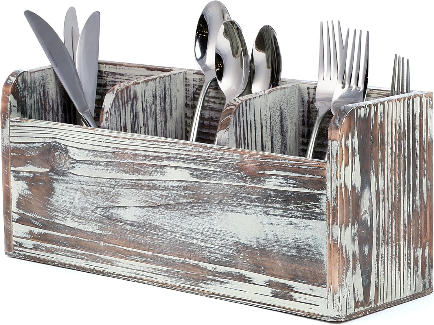 MyGift Torched Wood Kitchen Utensil Holder for Countertop with 3 Compartments, Coffee Bar Condiment Organizer Tray