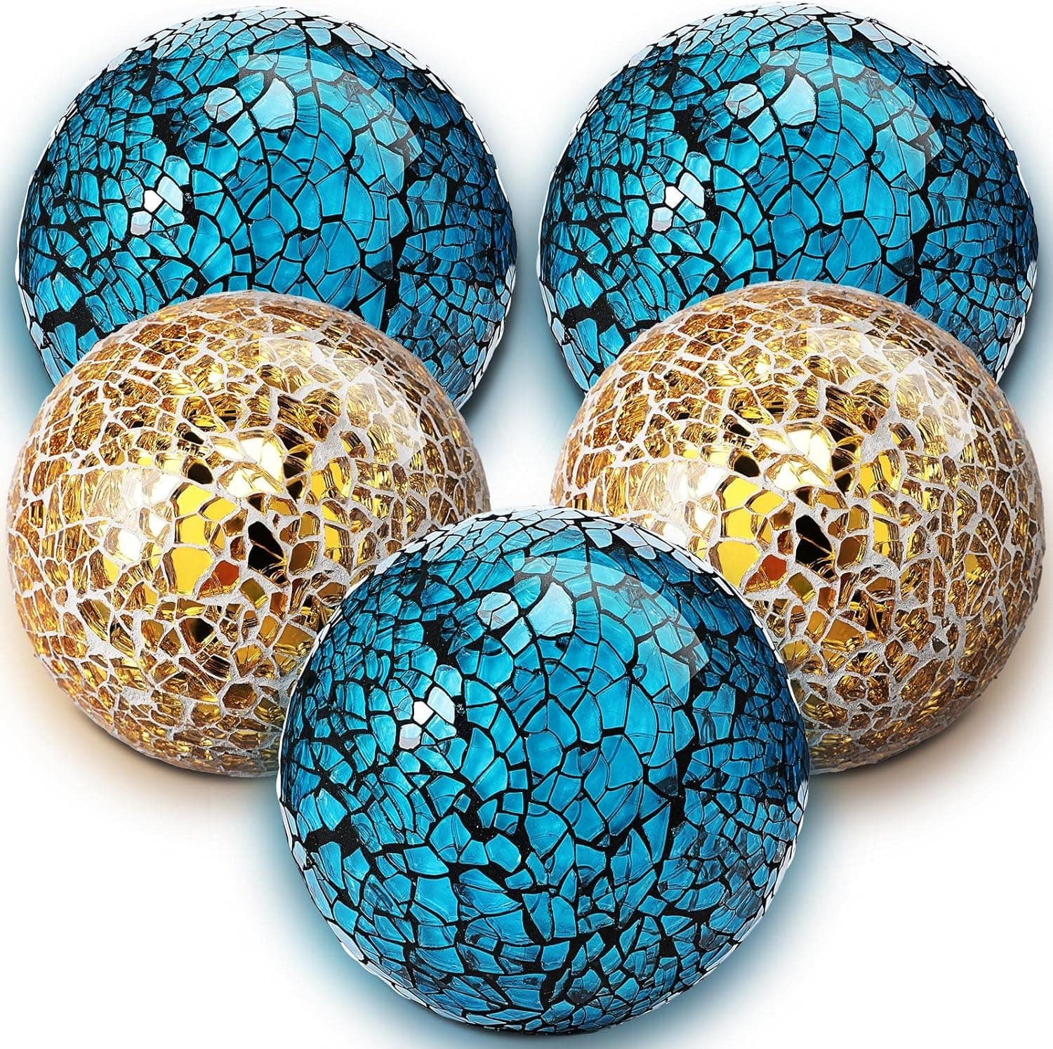 Honeydak 5 Pieces Glass Mosaic Sphere Decorative Balls for Centerpiece Bowls Turquoise Decorative Glass Balls Orbs Decorative Vases Fillers for Home Decoration Dining Table Bowls Tray, Blue,gold