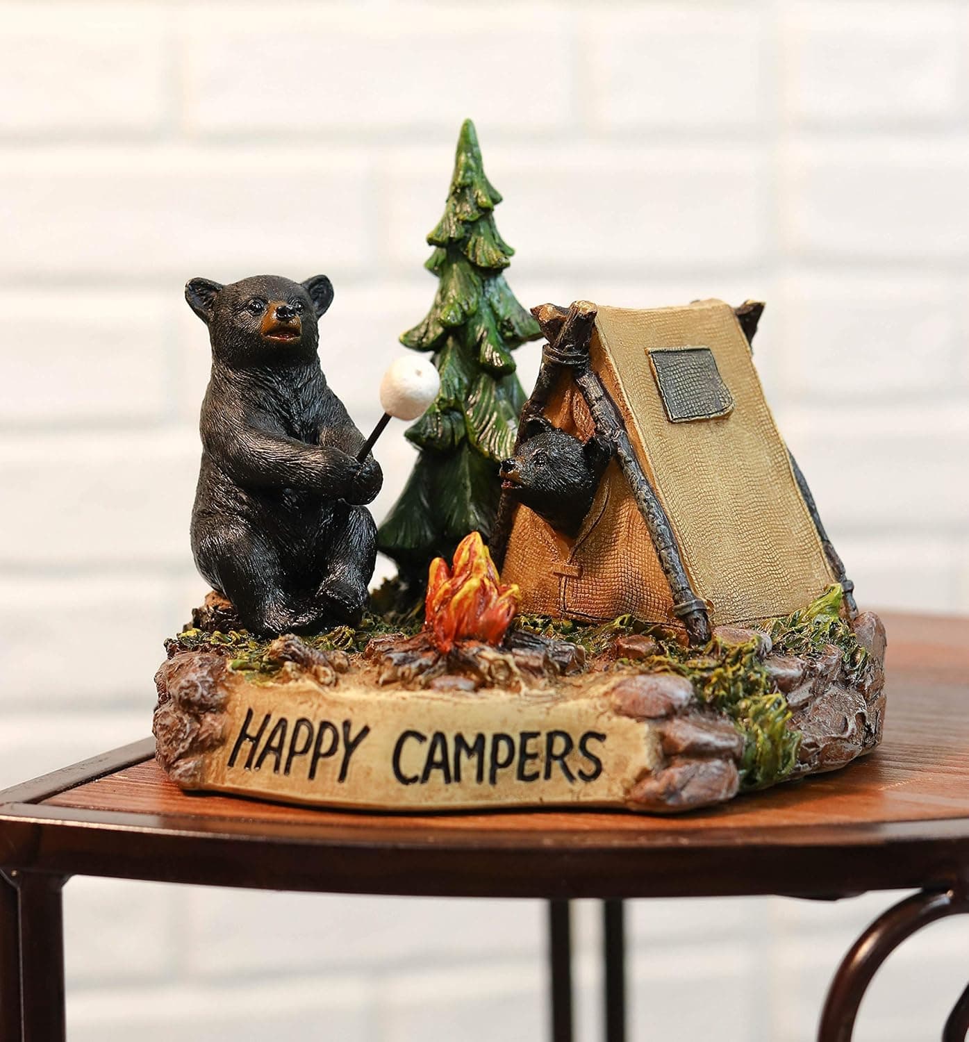 Ebros Happy Campers Rustic Western Black Papa Bear Roasting Marshmallow with Cub Peeking from Campfire Tent Statue Wildlife Forest Cabin Decor Bears Family Figurine