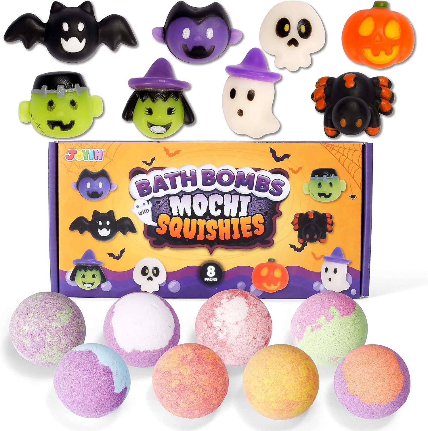 JOYIN Halloween Bath Bombs for Kids with Mochi Squishy Toys Inside,8 Packs Bubble Bath Bombs with Surprise Toys,SPA Bath Fizzies Set, Great Gift Set for Birthday, Halloween for Boys and Girls