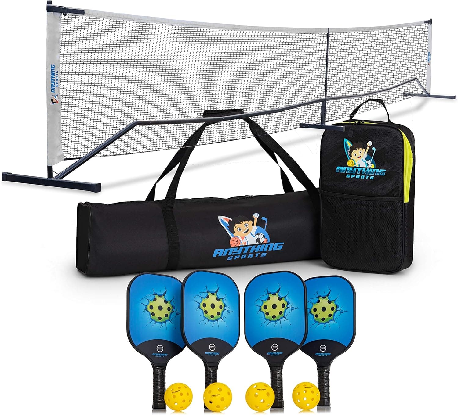 3 in 1 Pickleball Net, 4 Carbon Fiber Paddles and 4 Balls. Complete Regulation Size Portable Pickleball Net Bundle Set for Outdoors or Indoors. With 4 USAPA Approved Carbon Fiber Paddles and 4 Balls