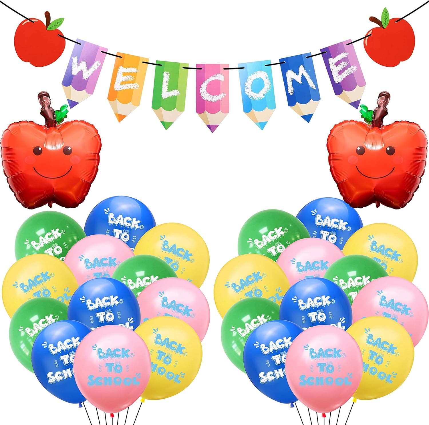 WATINC 33Pack Welcome Banner Back To School Latex Balloons Décor Set, Red Fruit Foil Party Balloons, First Day of School Classroom Party Supplies, School Theme Décor with Ribbon
