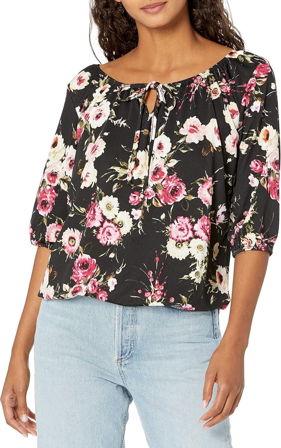 Star Vixen Women's Elbow-Sleeve Peasant Top with Keyhole Tie