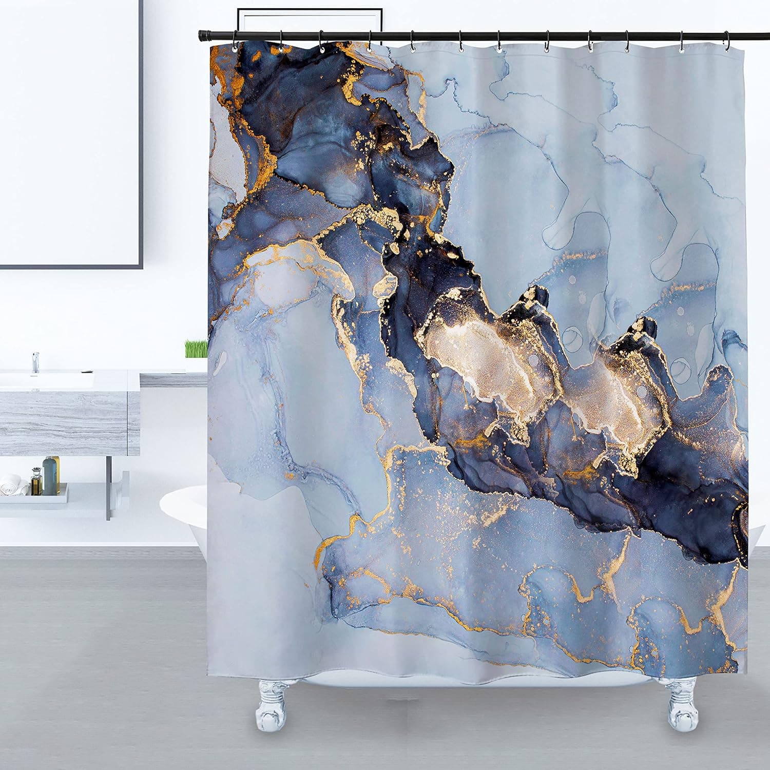 Domoku Blue Gold Marble Shower Curtain,Sky Blue Gold Modern Luxury Standard Bathroom Curtain,Blue Shower Curtains for Bathroom Decor,Waterproof Washable Fabric Shower Curtain,72 X 72