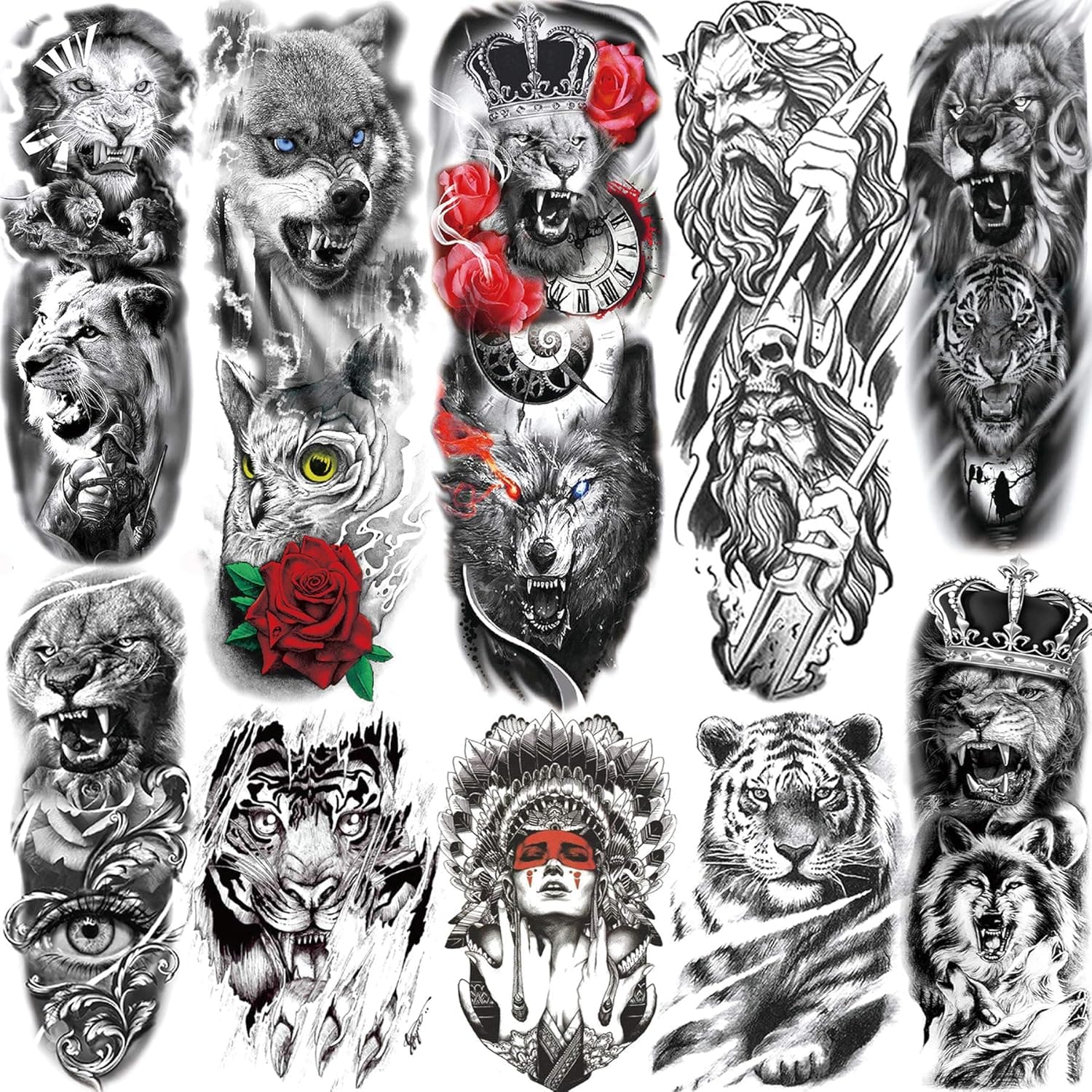 TASROI 10 Sheets Large Temporary Tattoos Sleeve For Men Arm Women Thigh, Wolf Lion Tiger Long Lasting Temp Tattoo Stickers For Adults, Indian Warrior Tattoos Temporary Owl Eye Tribal Totem