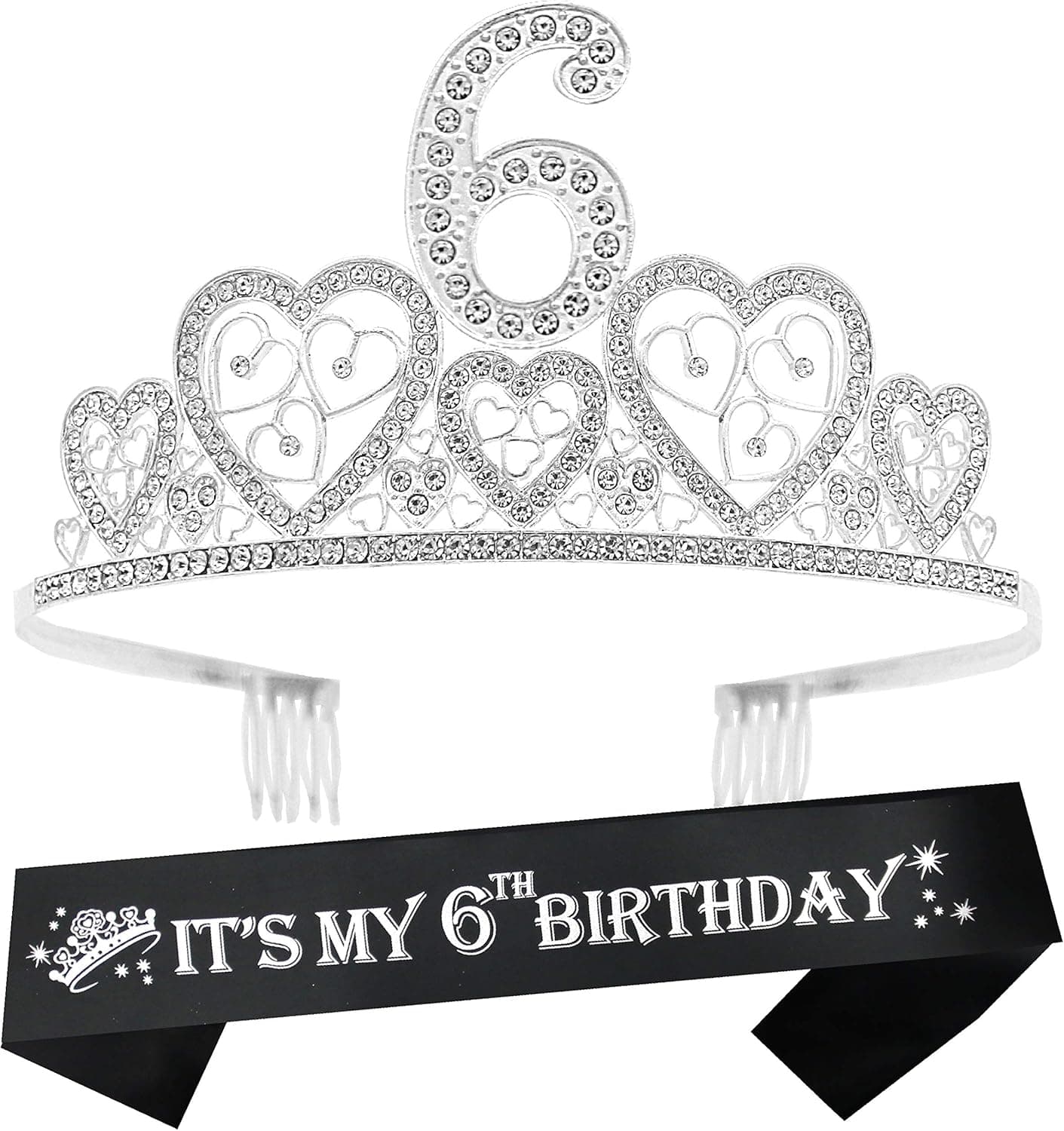 VeryMerryMakering 6th Birthday Sash and Tiara for Girls - Fabulous Glitter Sash + Hearts Rhinestone Silver Premium Metal Tiara for Girls, 6th Birthday Gifts for Princess Party