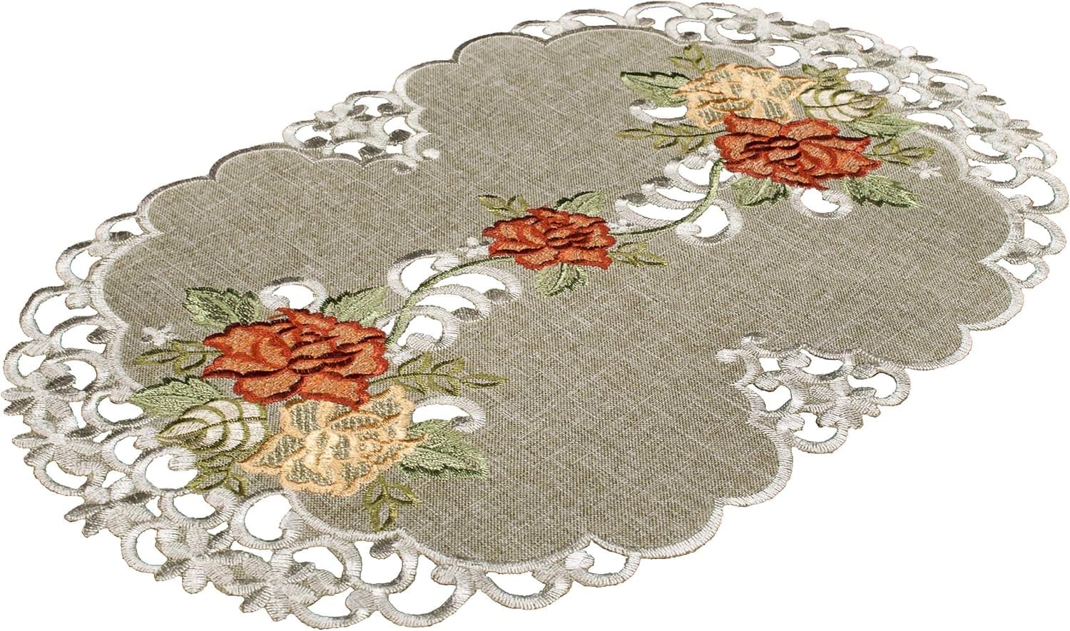 Linens, Art and Things Embroidered Placemat Dresser Scarf Coffee Table Scarf Gold & Rust Roses on Antique Green 12 x 18 Inch