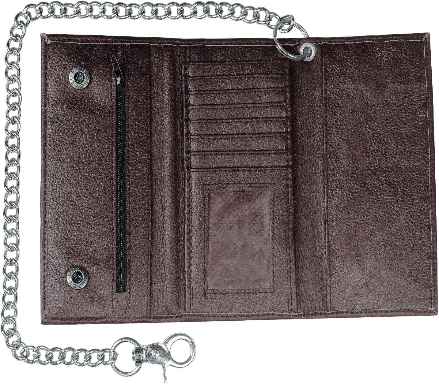 RFID Cowhide Genuine Leather Trifold Metal Chain Biker Tall Core Trucker Wallet Brown