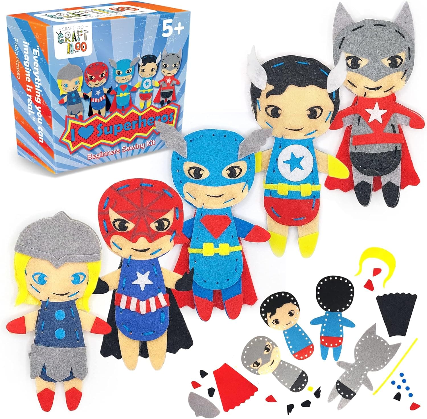 CRAFTILOO Superhero Sewing Kits for Little Kids 5 Easy Projects for Children Beginners Sewing kit Kid Crafts Make Your Own Felt Pillow Plush Craft Kit My First Sewing Kit Learn to Sew Kit