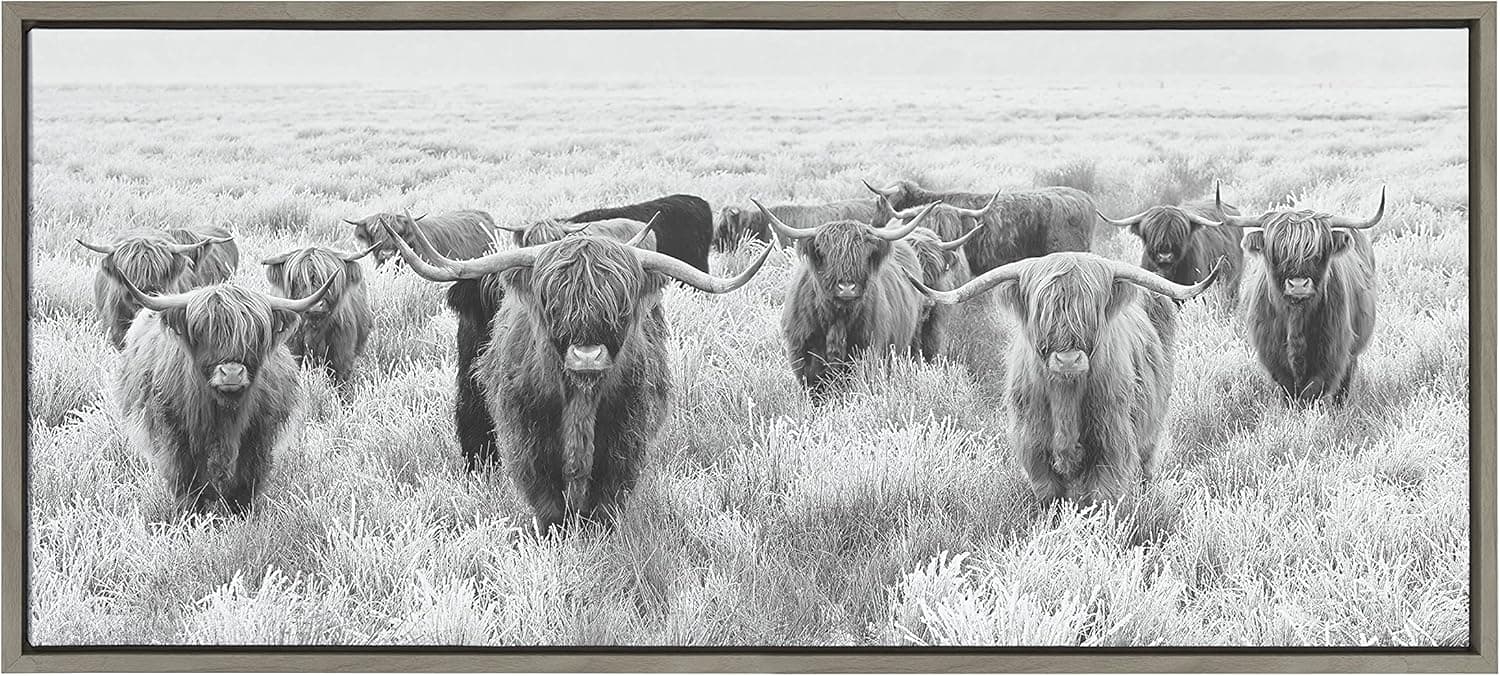 Kate and Laurel Sylvie Herd of Highland Cows Black and White Framed Canvas Wall Art by The Creative Bunch Studio, 18x40 Gray, Decorative Farmhouse Animal Art for Wall
