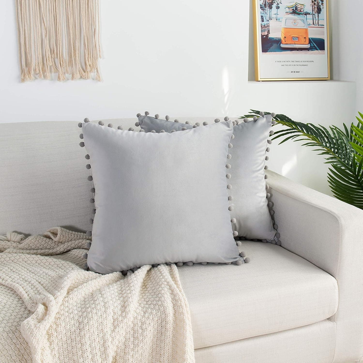 Elegant Comfort POM-POM Fringe Velvet Cushion Covers Set of 2, Velvet Soft Solid Decorative Square Throw Pillow Covers Set Cushion Case for Couch Bed, Livingroom 20 x 20 Inch (50 x 50 cm), Silver Grey