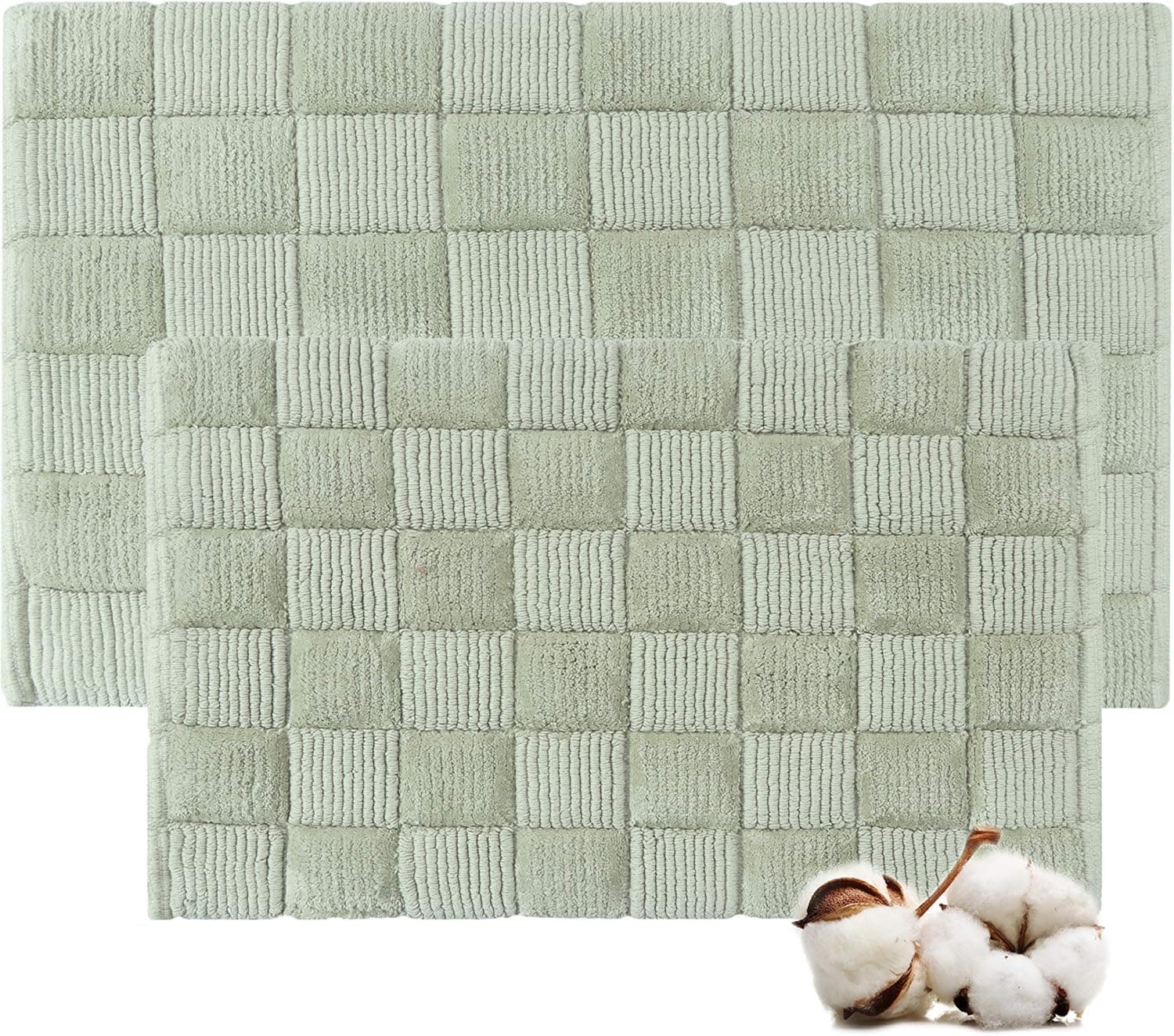URBAN LOOMS Cotton Bath Rugs Water Absorbent Check Design Bathmat Set of 2 (Size 21x34/17x24 Color Sage)
