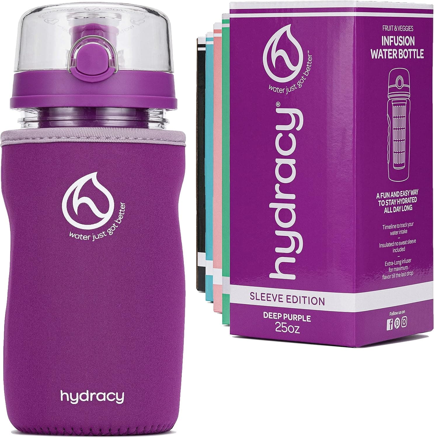 Hydracy Fruit Infuser Water Bottle - 25 oz Sports Bottle - Time Marker, Full Length Infusion Rod & Insulating Sleeve + 27 Fruit Infused Water Recipes eBook Gift - Deep Purple