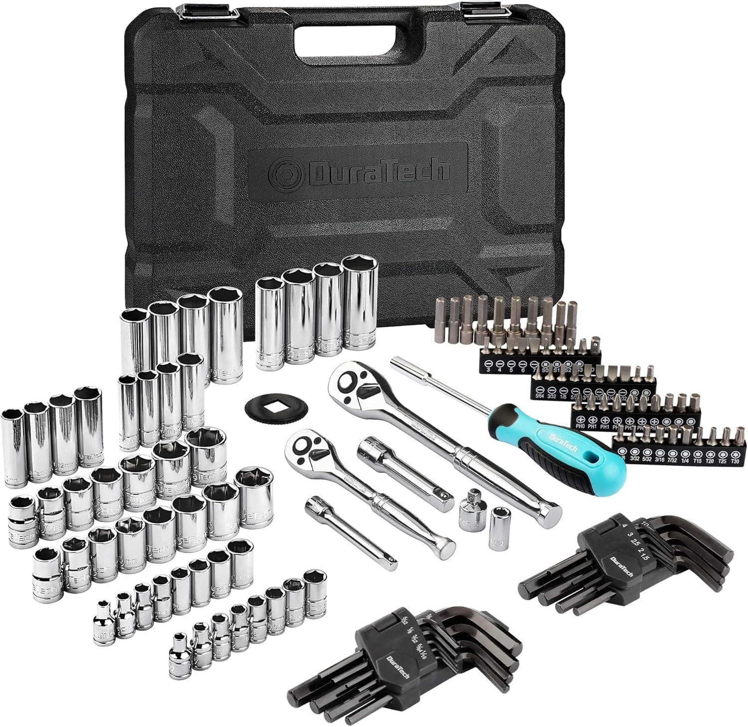 DURATECH 121-Piece Mechanics Tool Kits, Include SAE/Metric Sockets Set, 72-Tooth Drive Ratchet, 40-in-1 Magnetic Screwdriver, and Hex Keys with Carrying Tool Box for Auto Repair