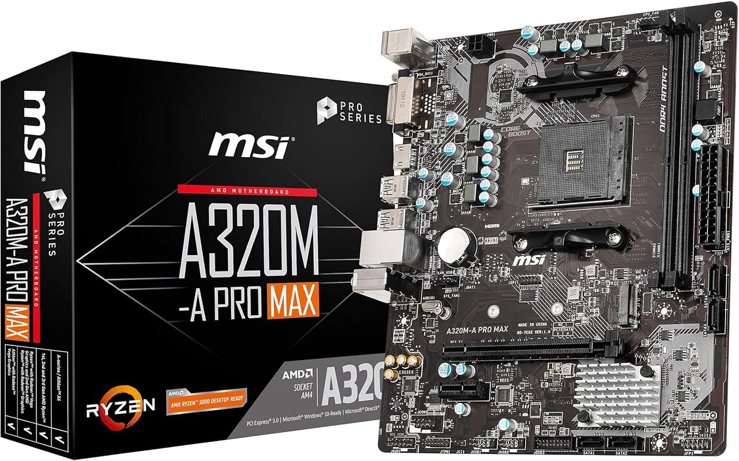 MSI ProSeries AMD A320 1st, 2nd, 3rd Gen Ryzen Compliant AM4 DDR4 HDMI DVI M.2 USB 3 Micro-ATX Motherboard (A320M-A PRO MAX)