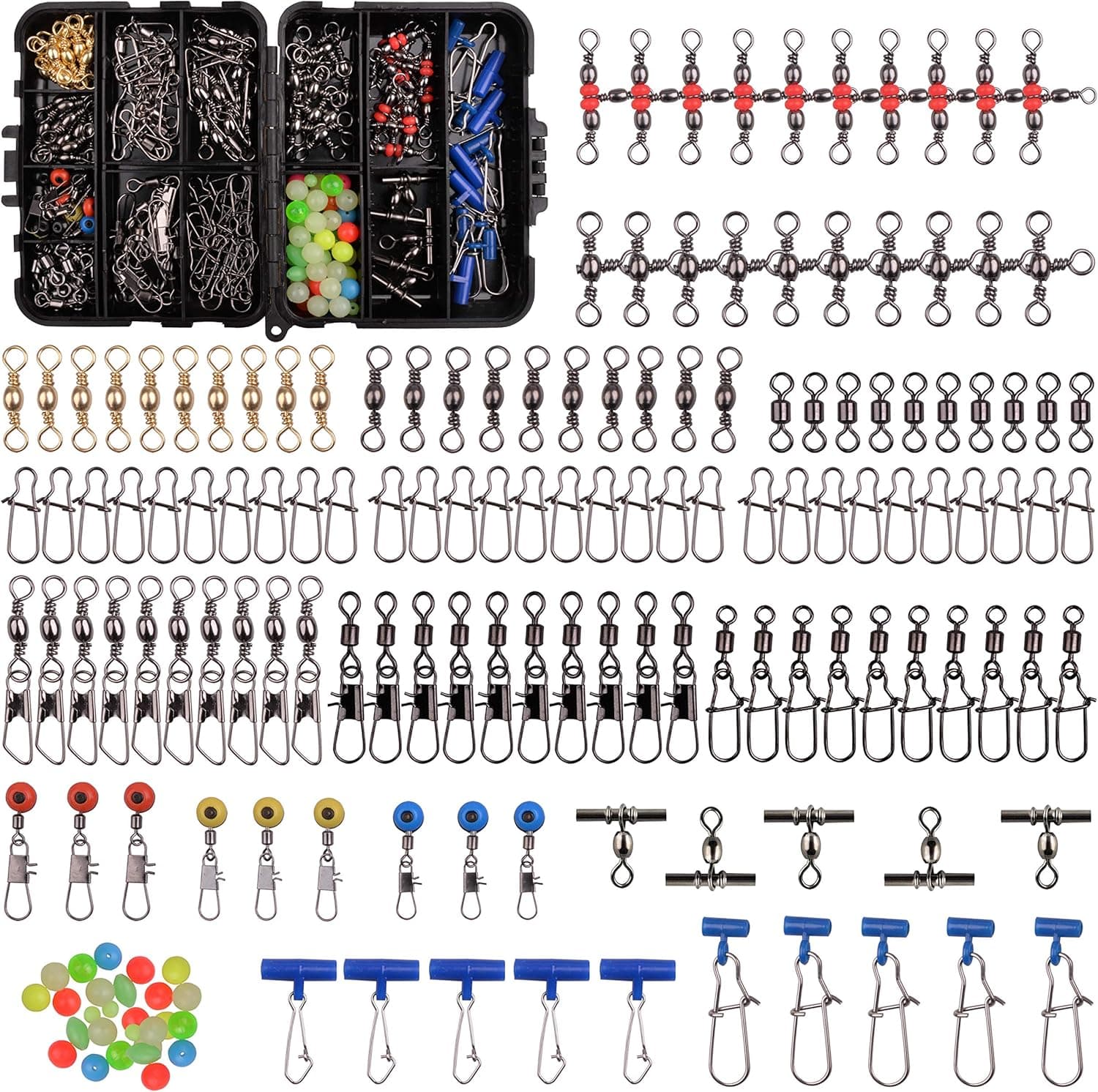 SILANON Fishing Swivels Accessories Tackle Kit, 174pcs Barrel Rolling Swivels Snaps, Sinker Slides, Crossline Three Way Swivel, Fishing Line Beads, Duo Lock Snaps for Bass Trout Saltwater Freshwater