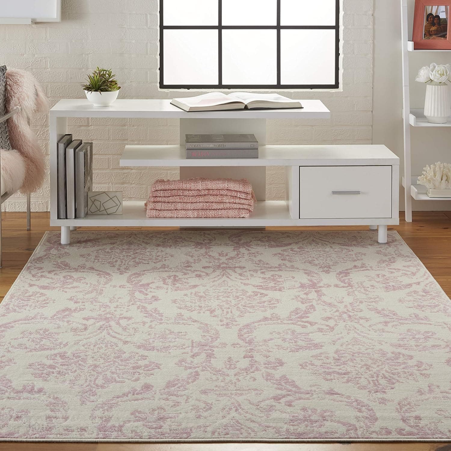 Nourison Jubilant Damask Ivory/Pink 4' x 6' Area_Rug, Easy-Cleaning, Non Shedding, Bed Room, Living Room, Dining Room, Kitchen (4x6)