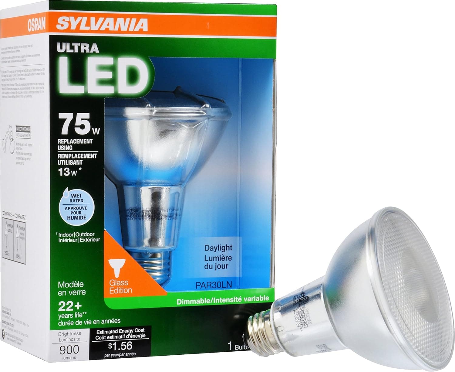 LEDVANCE 74059 Sylvania Dimmable Led Lamp, 13 W, 120 V, Par30Ln, Medium Screw E26, 25000 Hr, 13W, Daylight