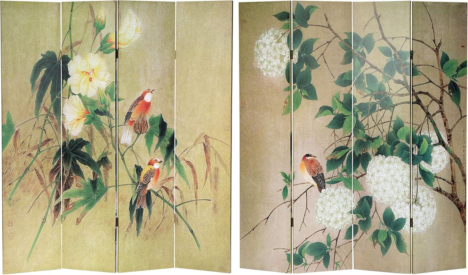ORIENTAL Furniture 6 ft. Tall Double Sided Birds in The Trees Canvas Room Divider, Green/Multi
