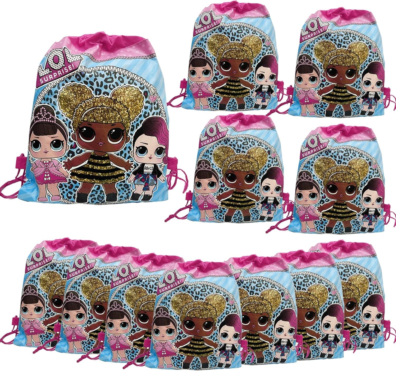 L.O.L. Doll Drawstring Bags Party Supply, 12PCS Gift Party Bag for Kids, L.O.L. Doll Drawstring Backpack for Kids Doll Birthday Party Supply Favor 14" *11",Blue