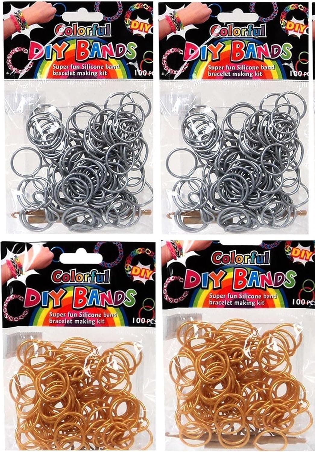 DIY Bands - 400 Count Silver and Gold Refill Silicone Bands with Clips and Loom Tool