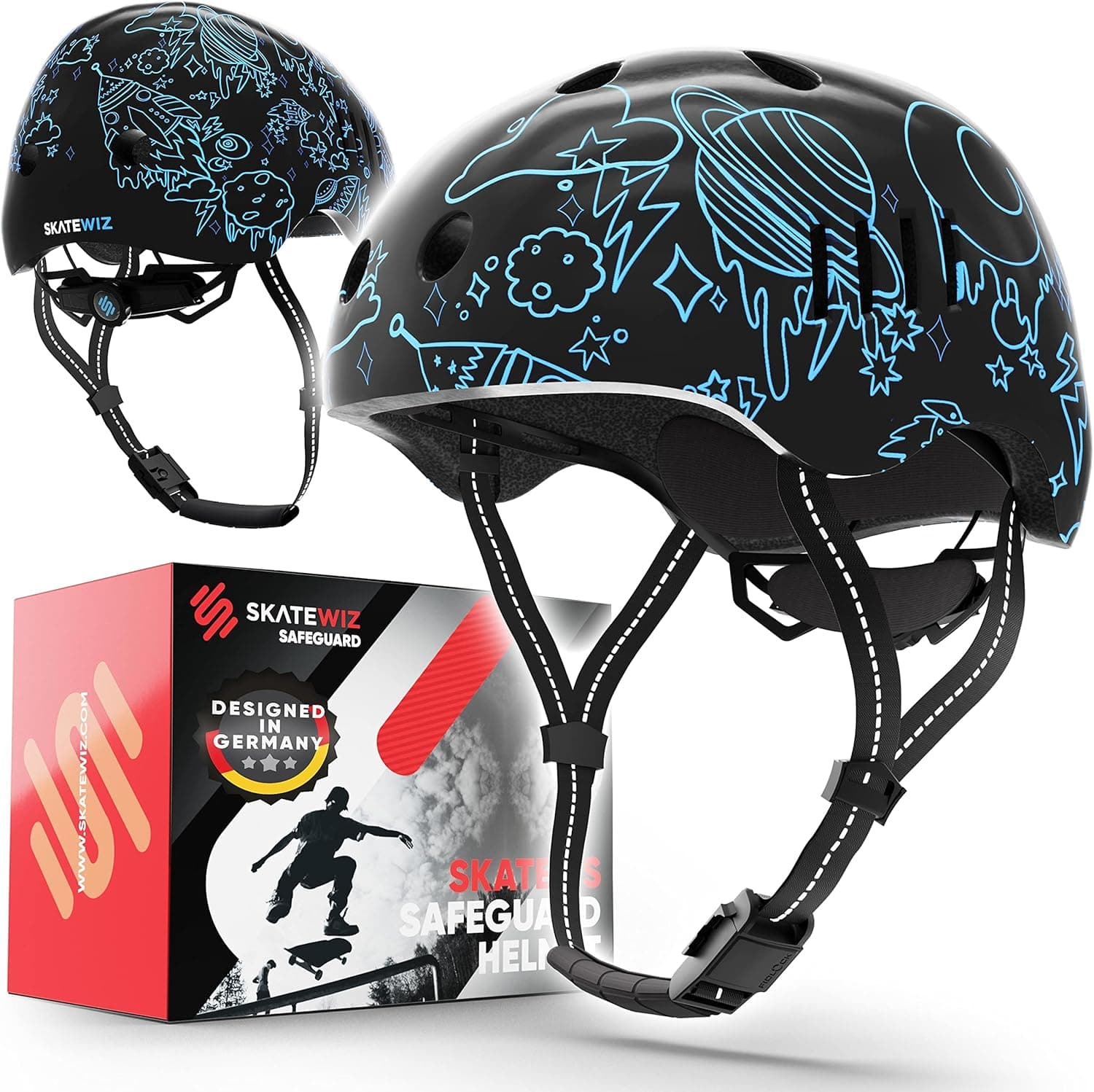 SKATEWIZ Ventilated Skate & Kids Bike Helmet & Teens Designed in Germany – Extremely Light - Adjustable Safety Helmet with Magnet Buckle & Reflective Straps - Glossy PC Shell with Extra Liners – Carbon-Neutral Skateboarding Helmet