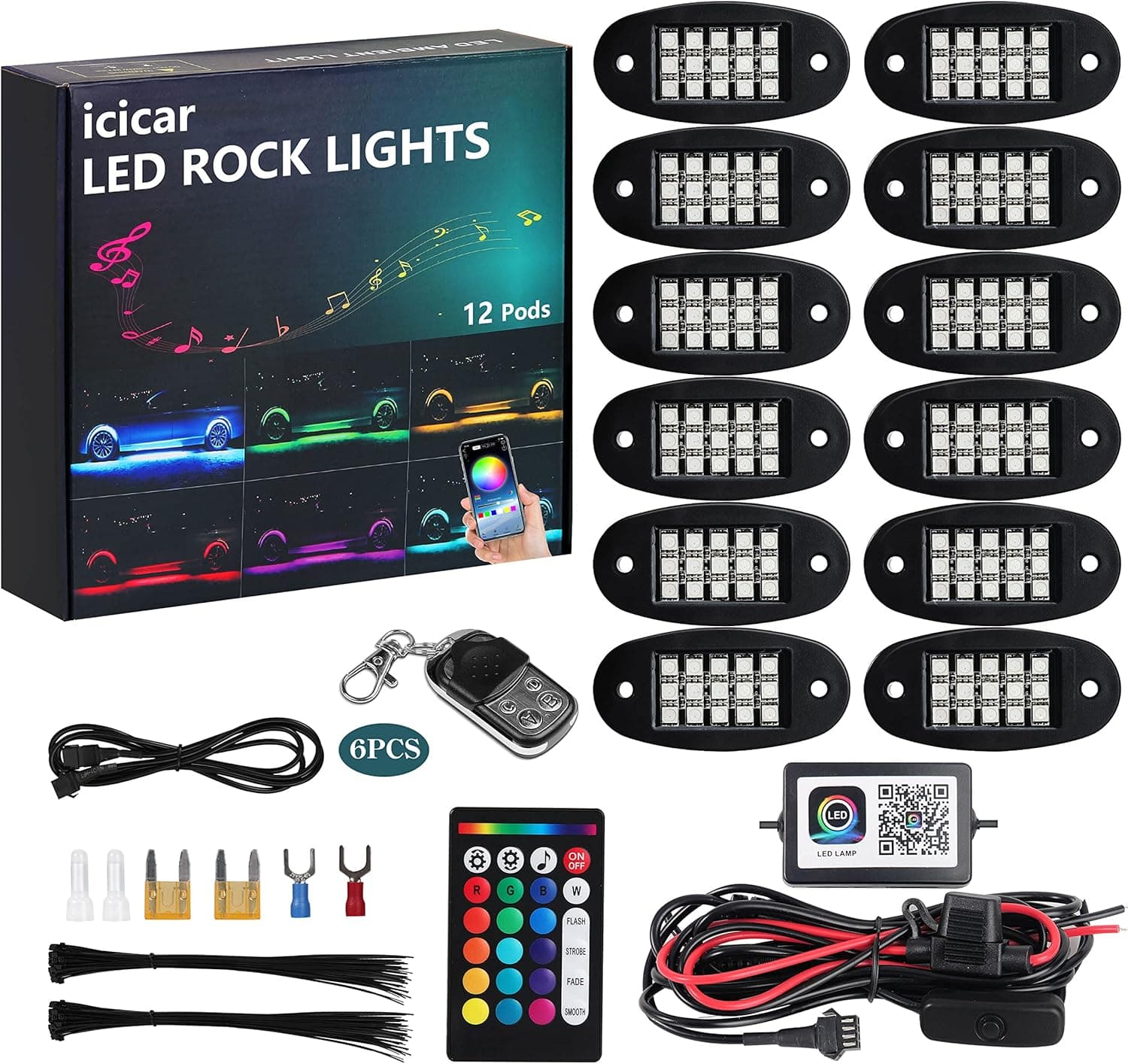 icicar Rock Lights, 180 LEDs 16 Million Colors App Control 4 Keys/24 Keys Remote Control with Power Switch Music Sync IP68 Waterproof RGB LED Rock Lights Kit