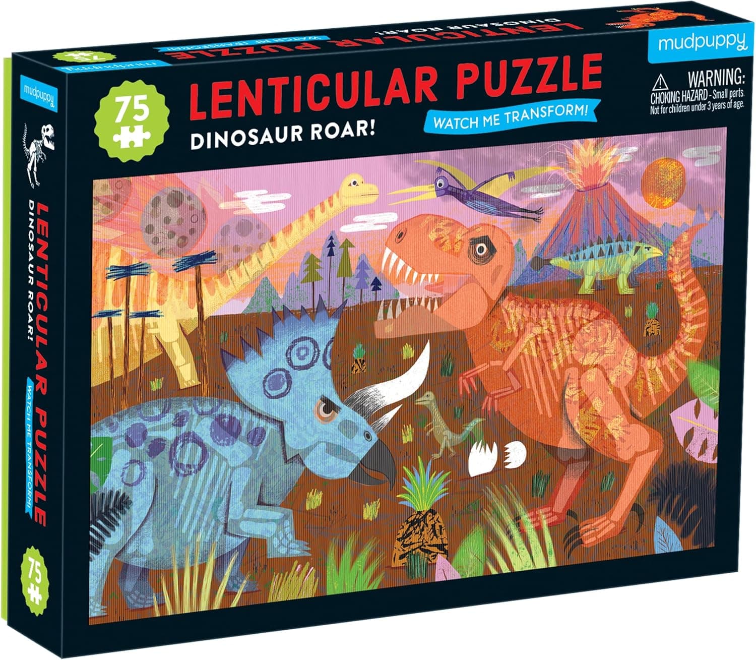 Dinosaur Roar 75 Piece Lenticular Puzzle from Mudpuppy - Exciting and Innovative Jigsaw Puzzle for Kids, 17.75" x 11", Watch The Completed Puzzle Transform Before Your Eyes, Ages 5+