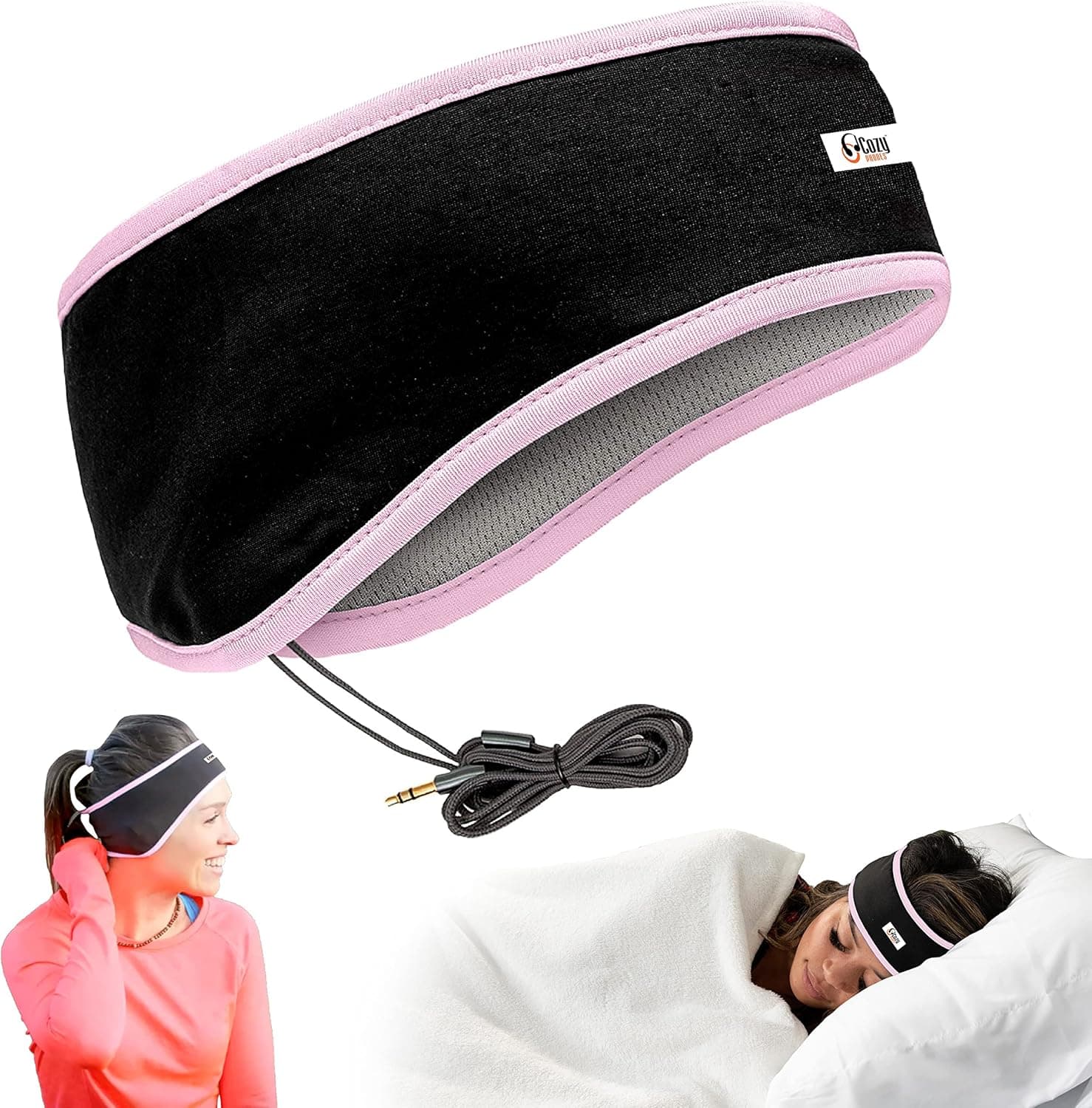 CozyPhones Sleep Headphones - Over Ear Headphones from Ultra Thin Cool Mesh Wired for Side Sleepers, Meditation, Running, Laptop, and Phone - Pink Lycra