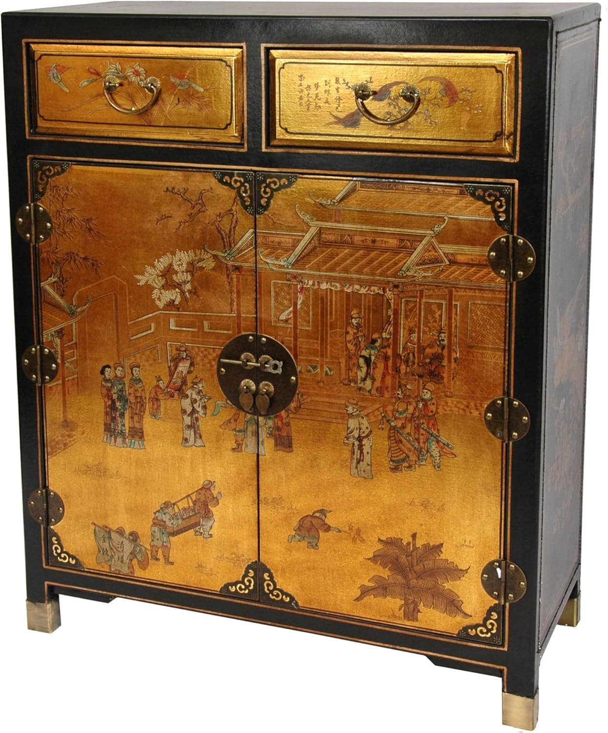 Oriental Furniture Gold Lacquer Two Drawer Cabinet